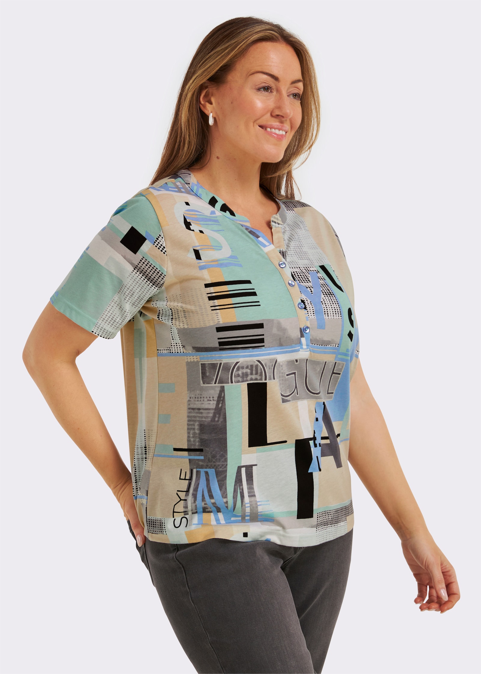 Kurzarmshirt im Baumwoll-Modal-Mix - bleu-sand-bedruckt