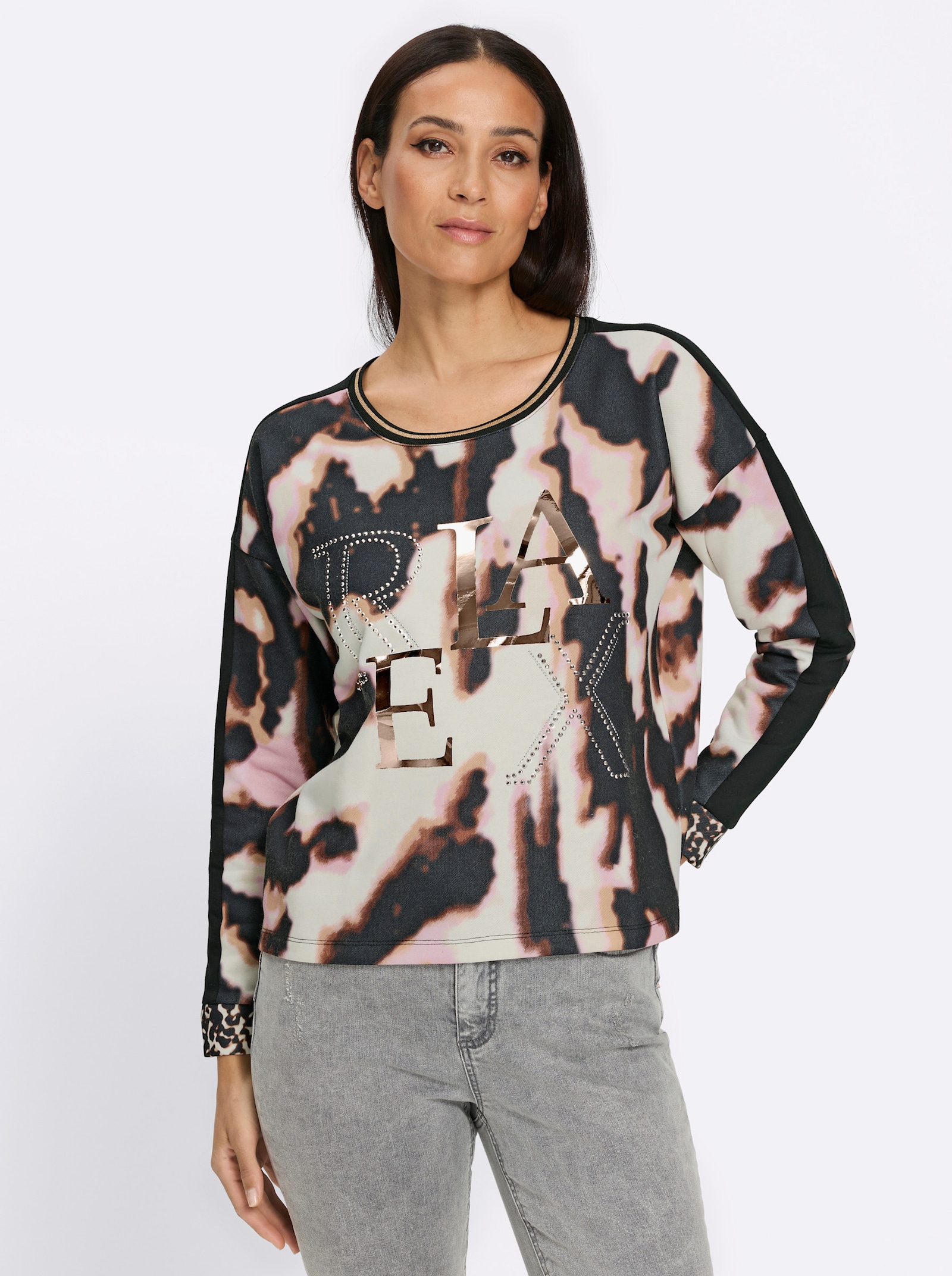 heine Sweatshirt mit Leo-Dessin - schwarz-rosé-bedruckt