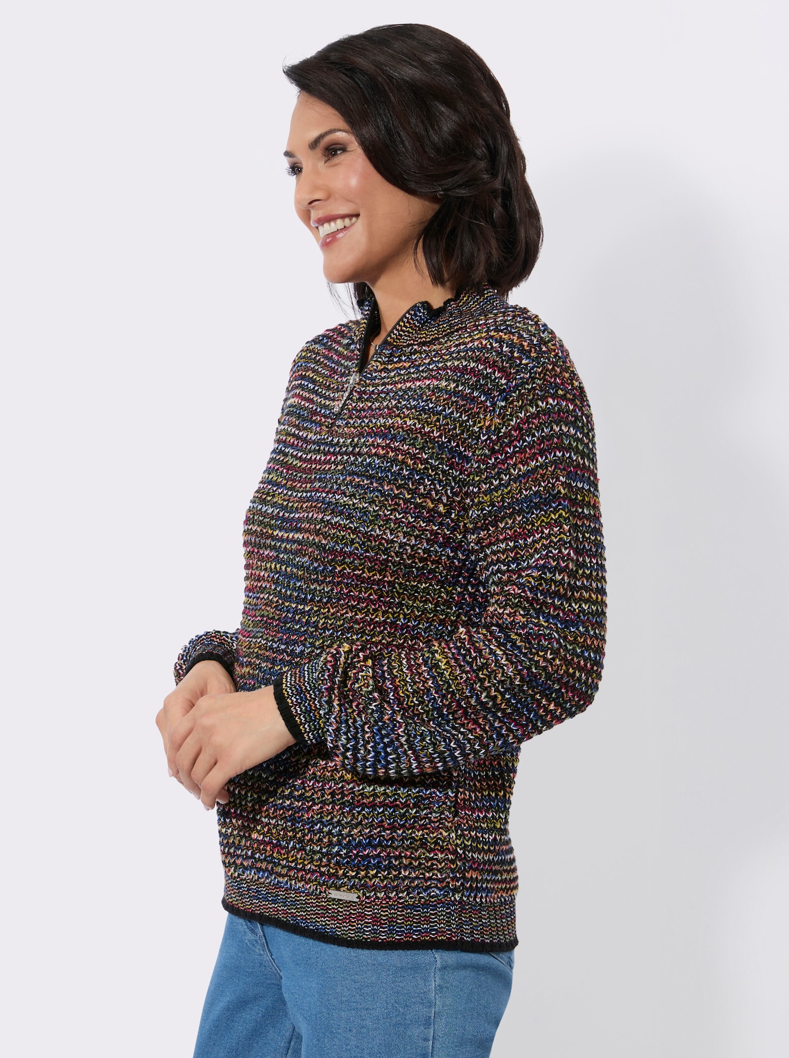 Stehkragenpullover mit kurzem Reißverschluss - rot-schwarz-gemustert