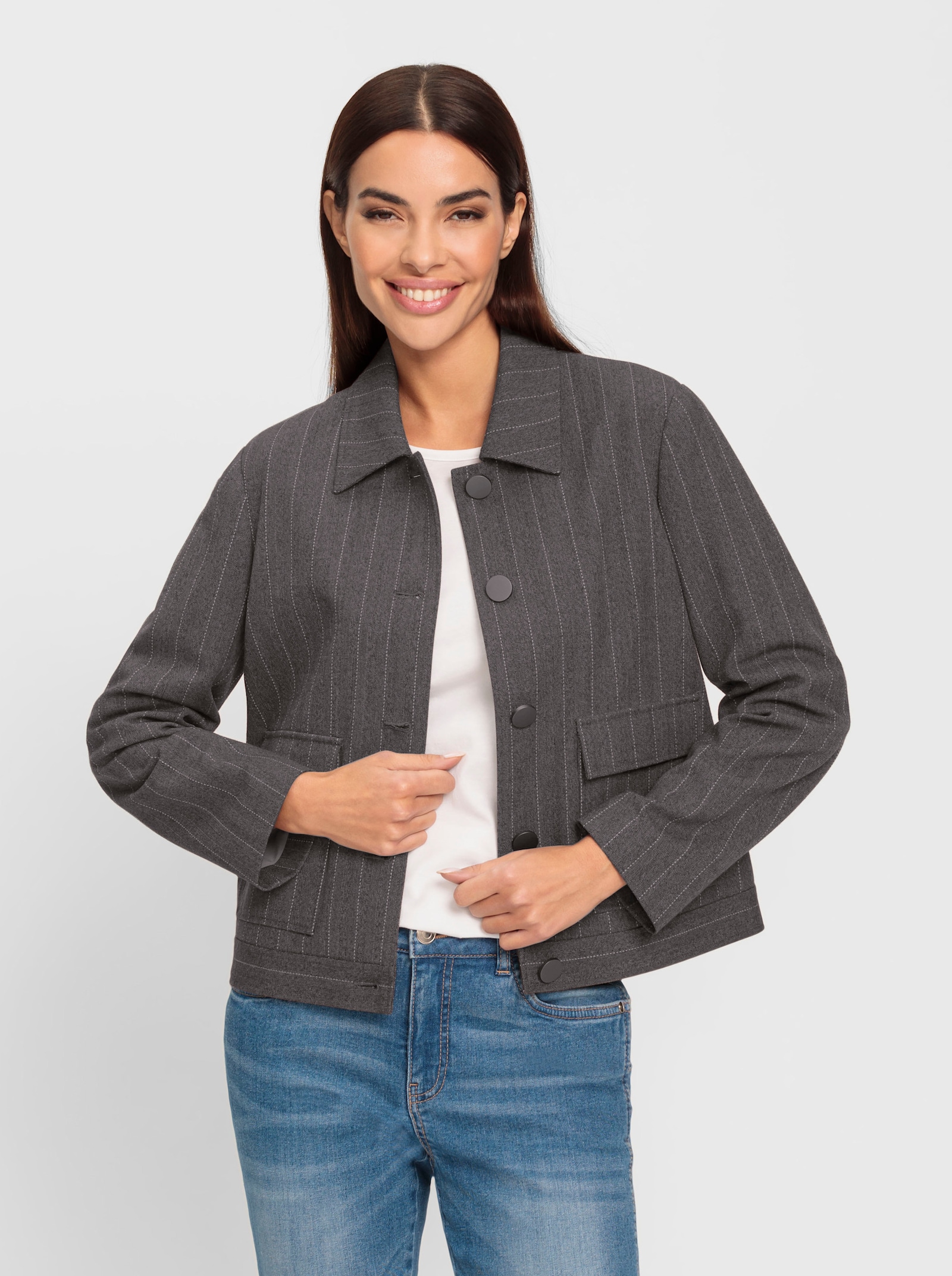 heine Jackenblazer mit großen Pattentaschen - taupe-schwarz Nadelstreifen