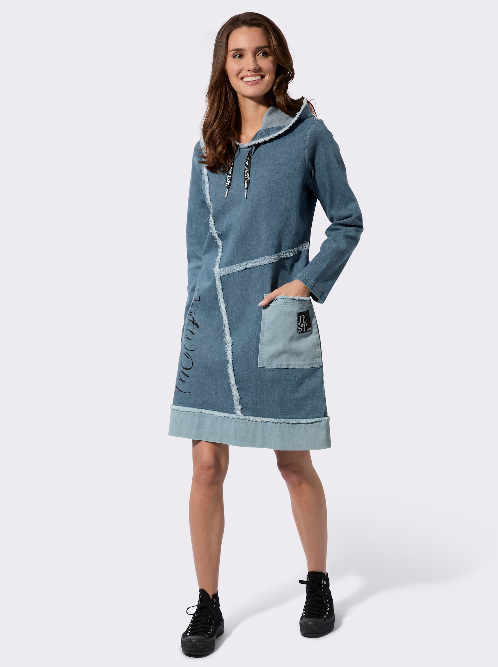 Jeanskleid mit Fransen-Verzierung - blue-bleached