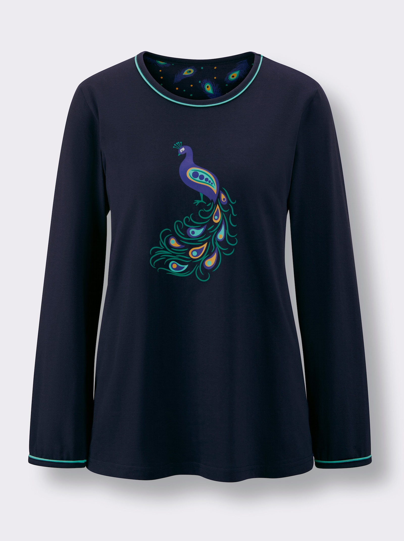 Comtessa Schlafanzug mit Pfauen-Druck - marine-blaugrün-bedruckt
