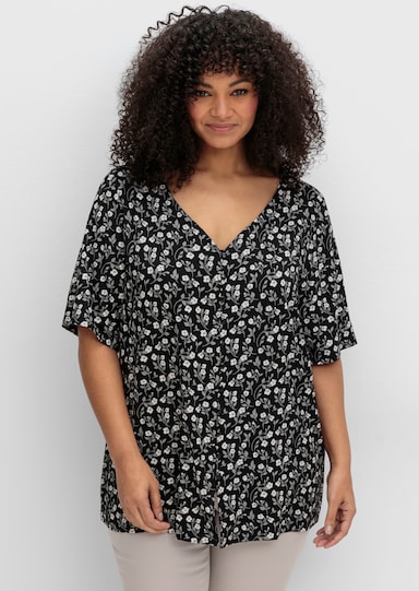 sheego Shirt mit Blümchenprint und Knopfleiste - schwarz-gemustert