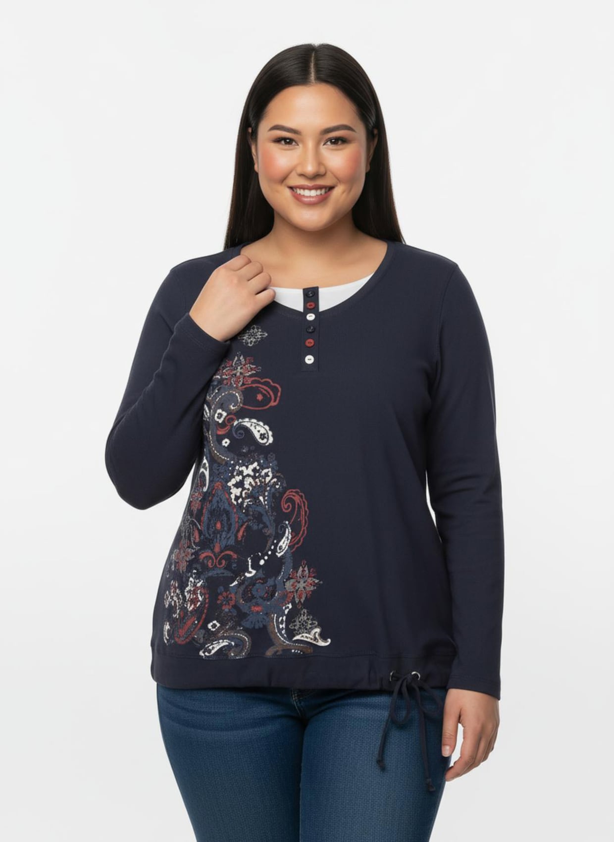 Rundhalsshirt im 2-in-1-Look - marine-weiß-bedruckt