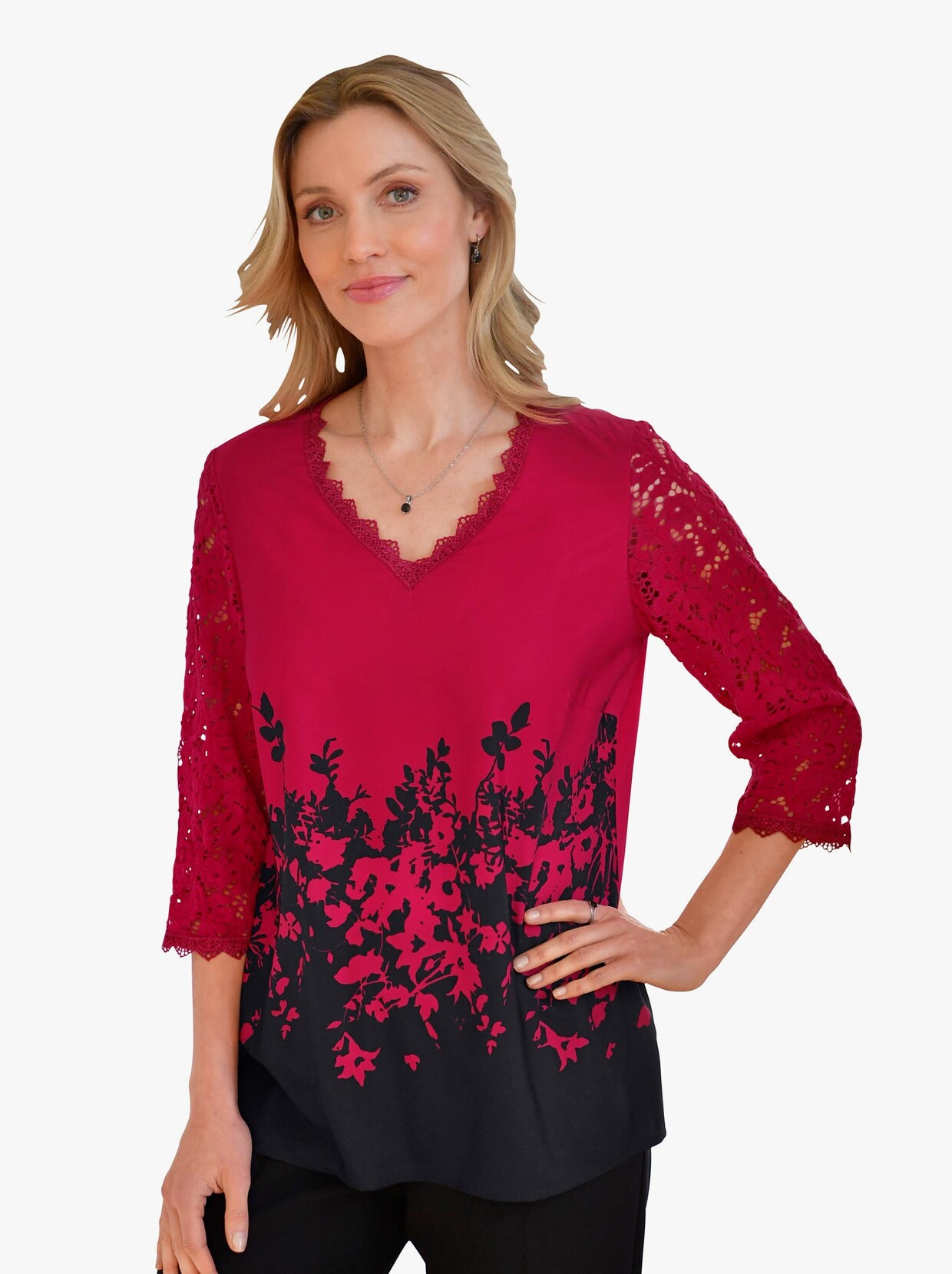 Kanten blouse - rood/zwart geprint