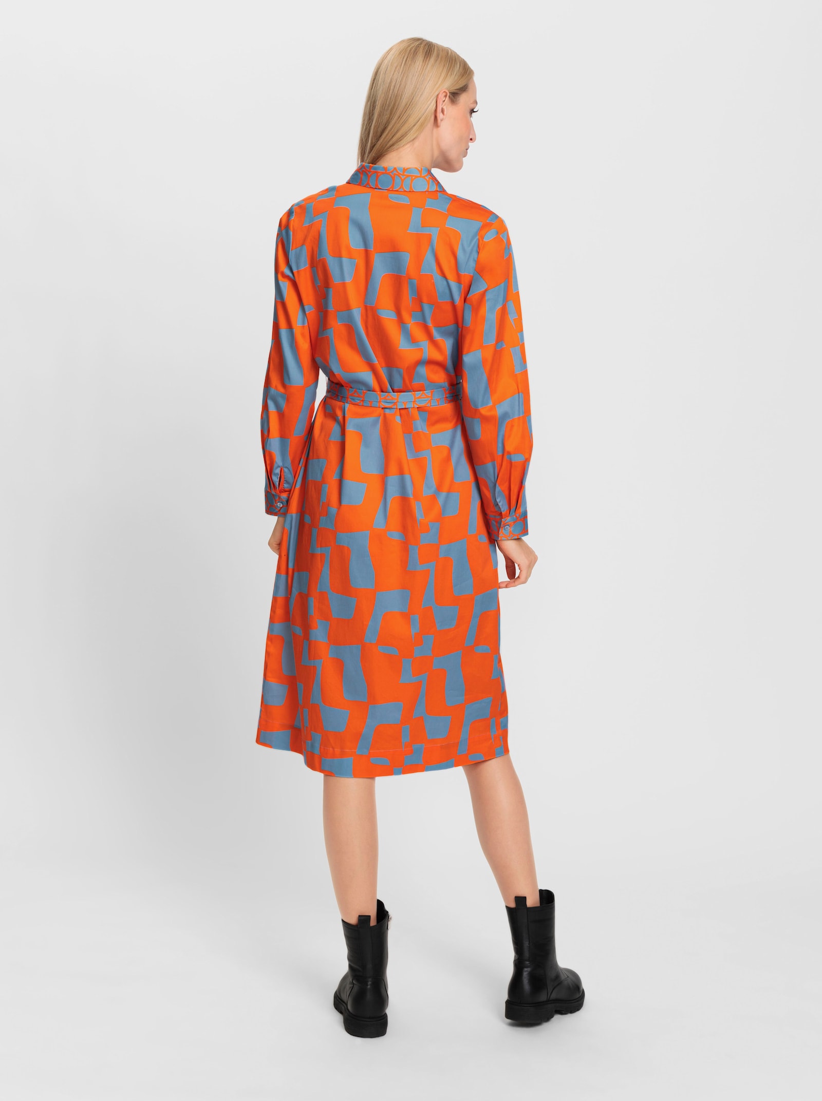heine Hemdblusenkleid mit Bindegürtel - orange-bleu-bedruckt