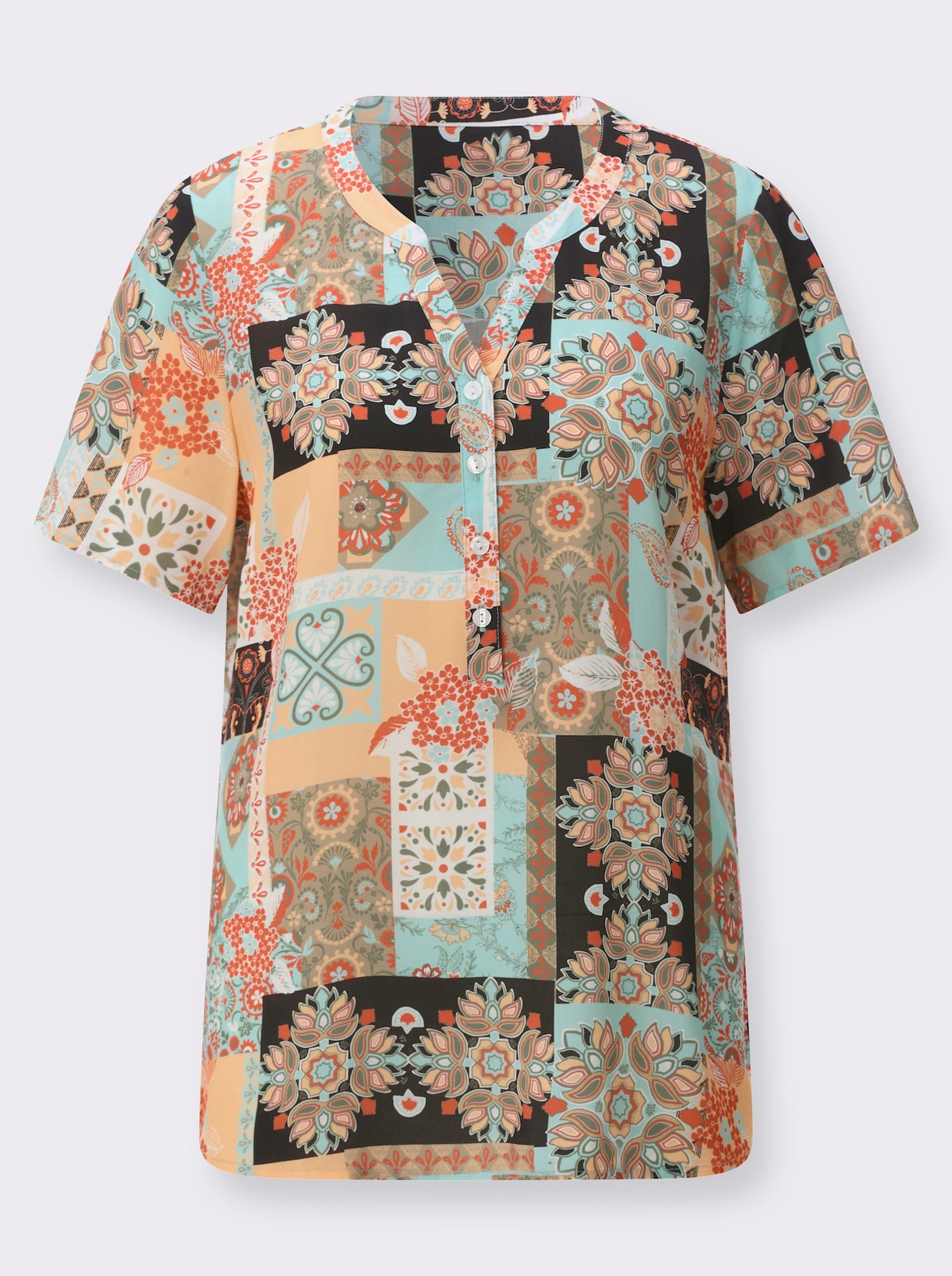 Kurzarm-Bluse - mint-apricot-bedruckt