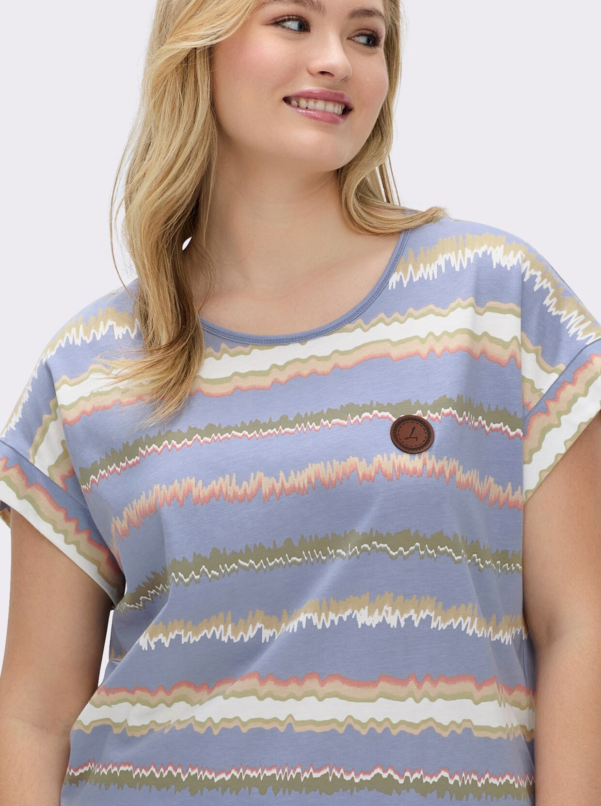 Print-Shirt mit Ziernähten, geringelt - taubenblau-ecru-bedruckt