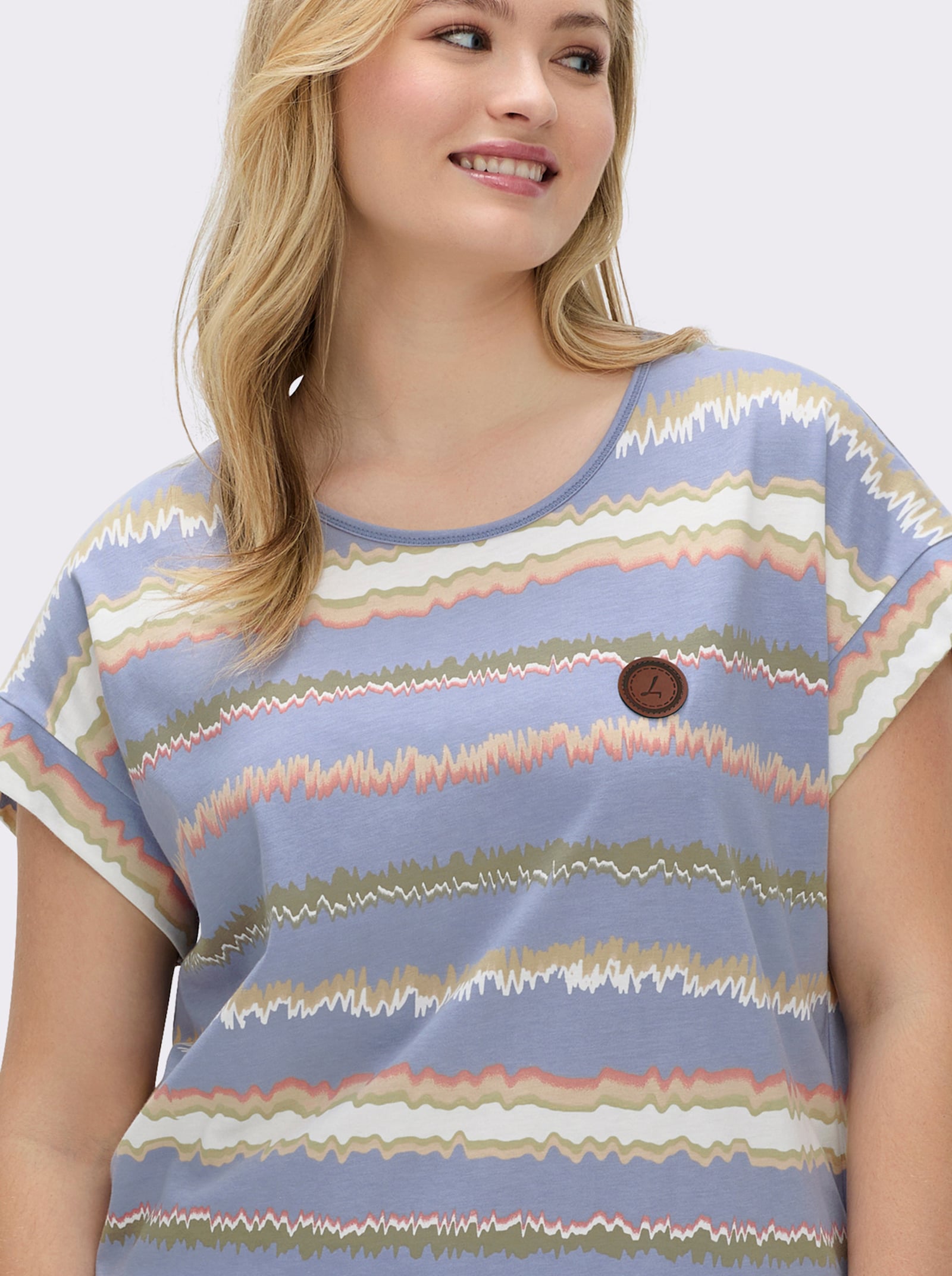 Print-Shirt mit Ziernähten, geringelt - taubenblau-ecru-bedruckt