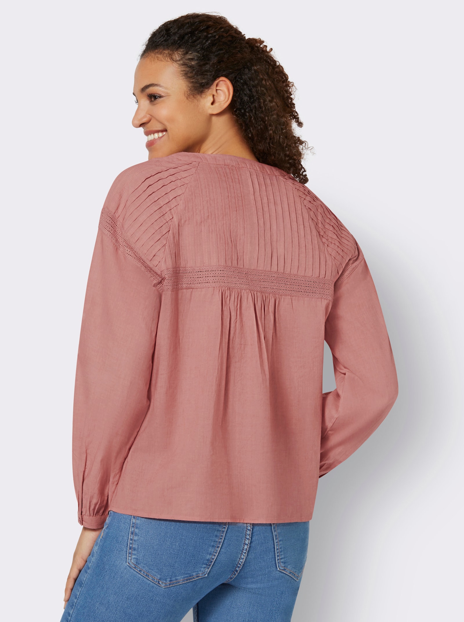 Langarmbluse mit aufgesetzter Lochspitze - rosenholz