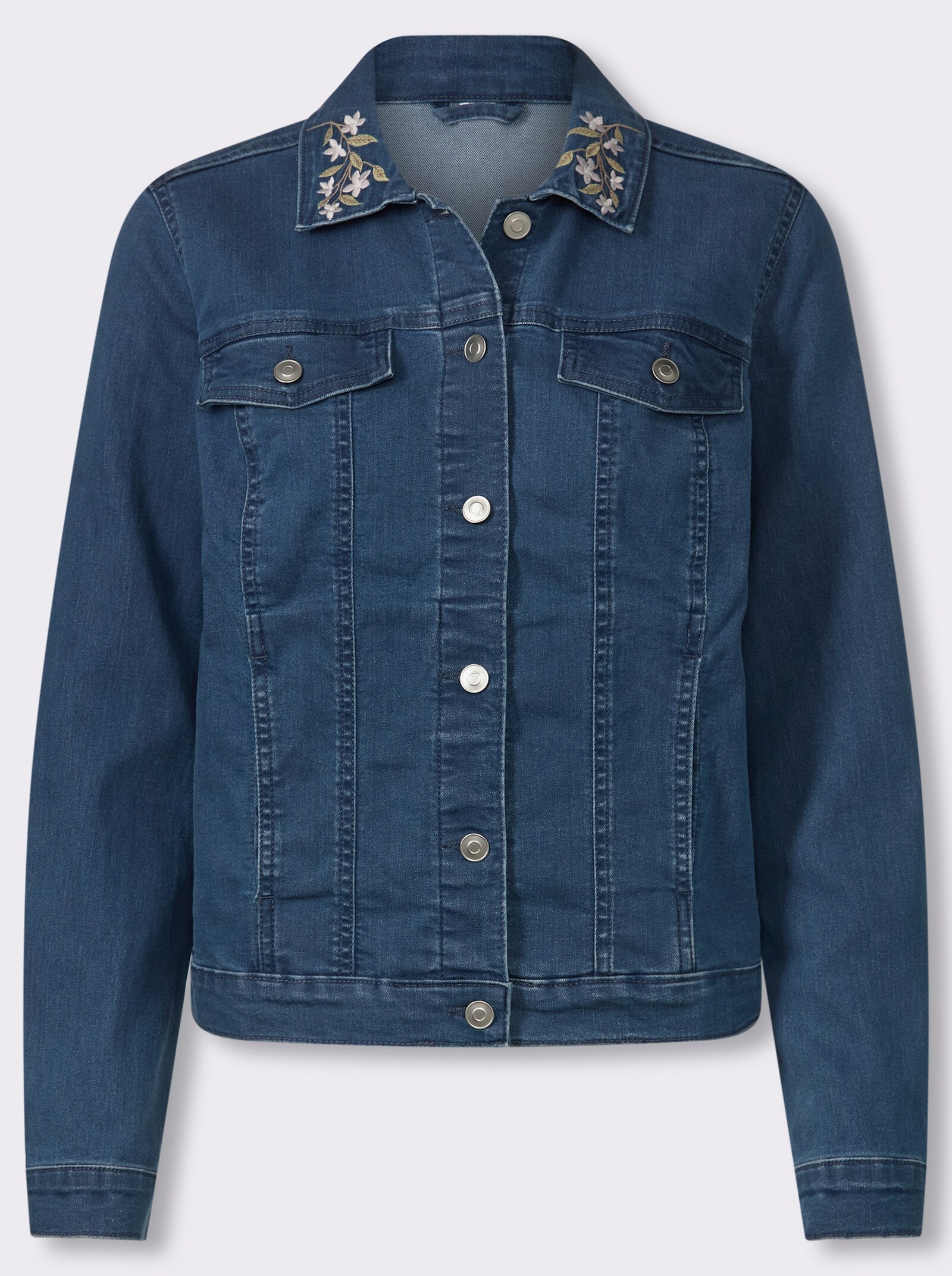 Jeansjacke mit Stickerei am Kragen - blue-stone-washed