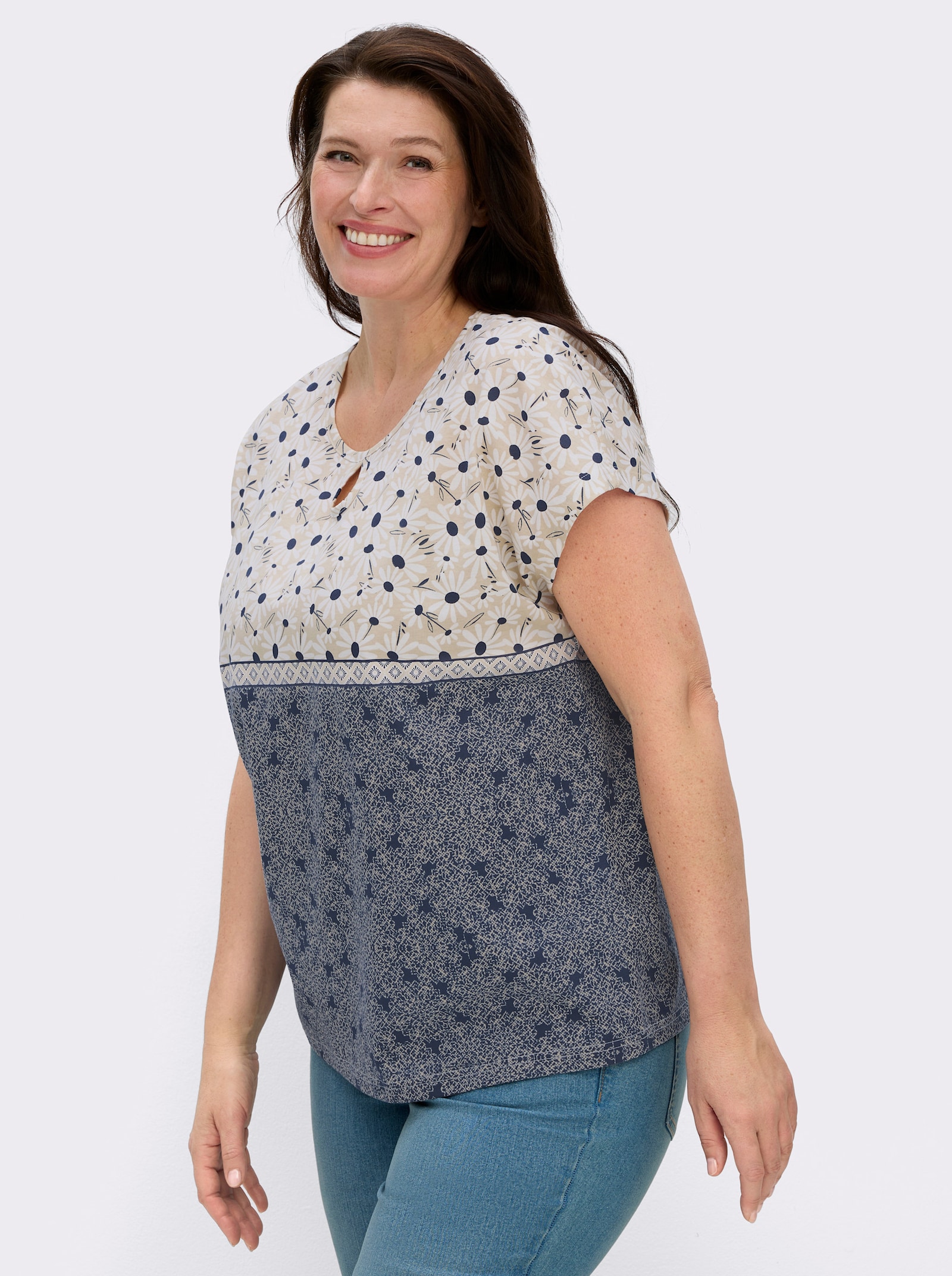 Kurzarmshirt mit Tropfen-Ausschnitt - weiß-marine-bedruckt