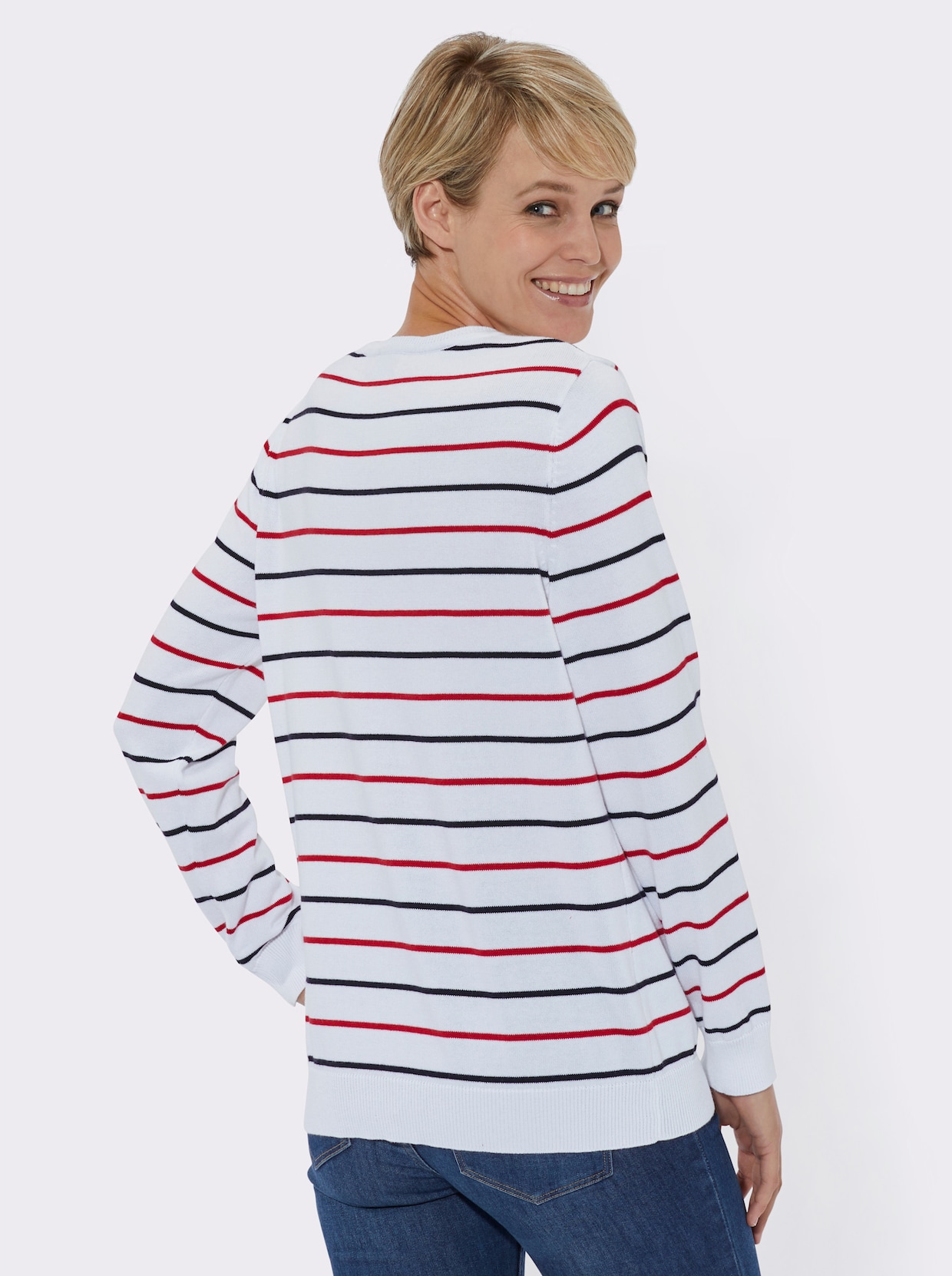 Langarm-Pullover - rot-marine-gestreift