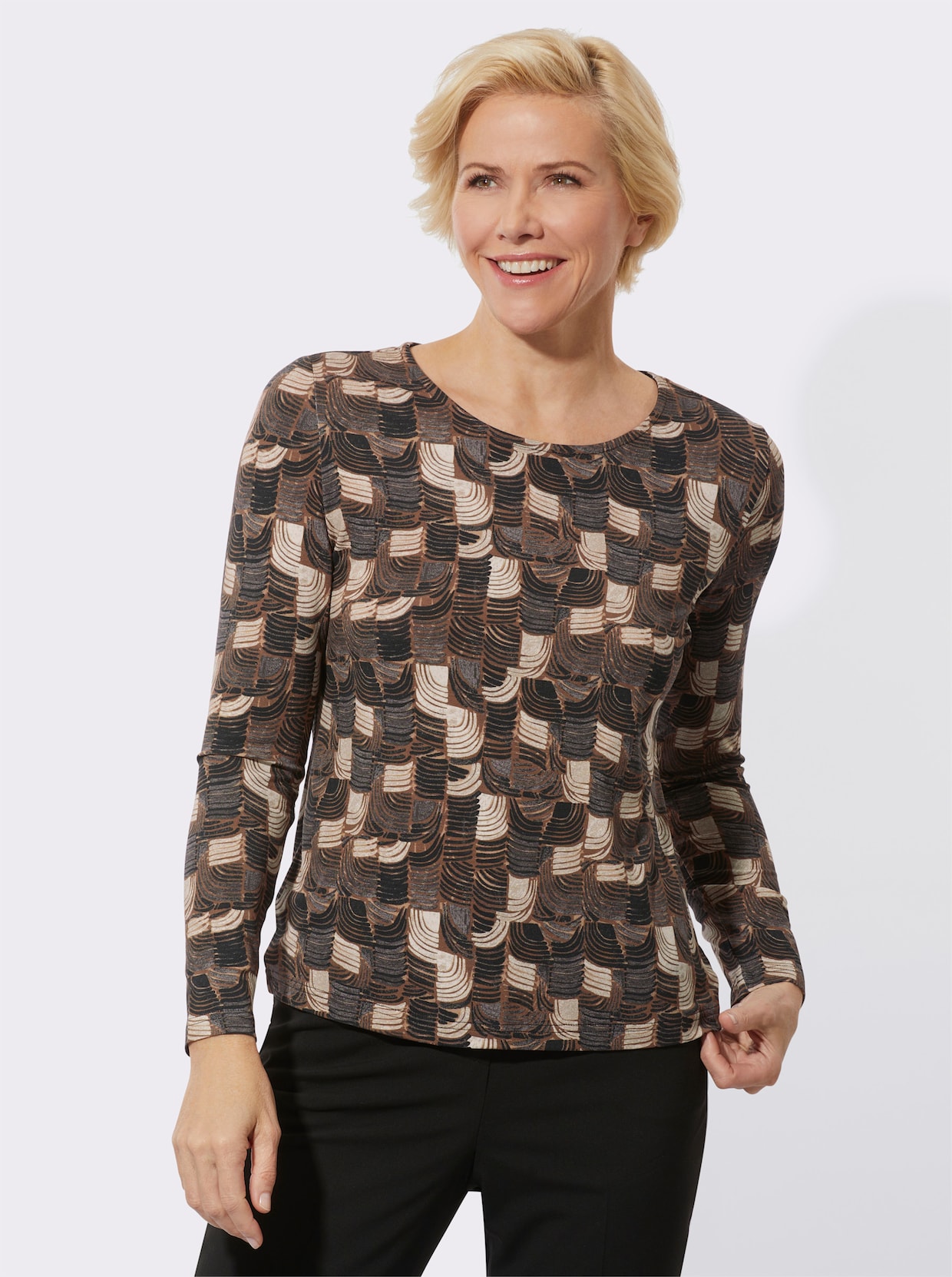 Shirt met ronde hals - beige/zwart geprint
