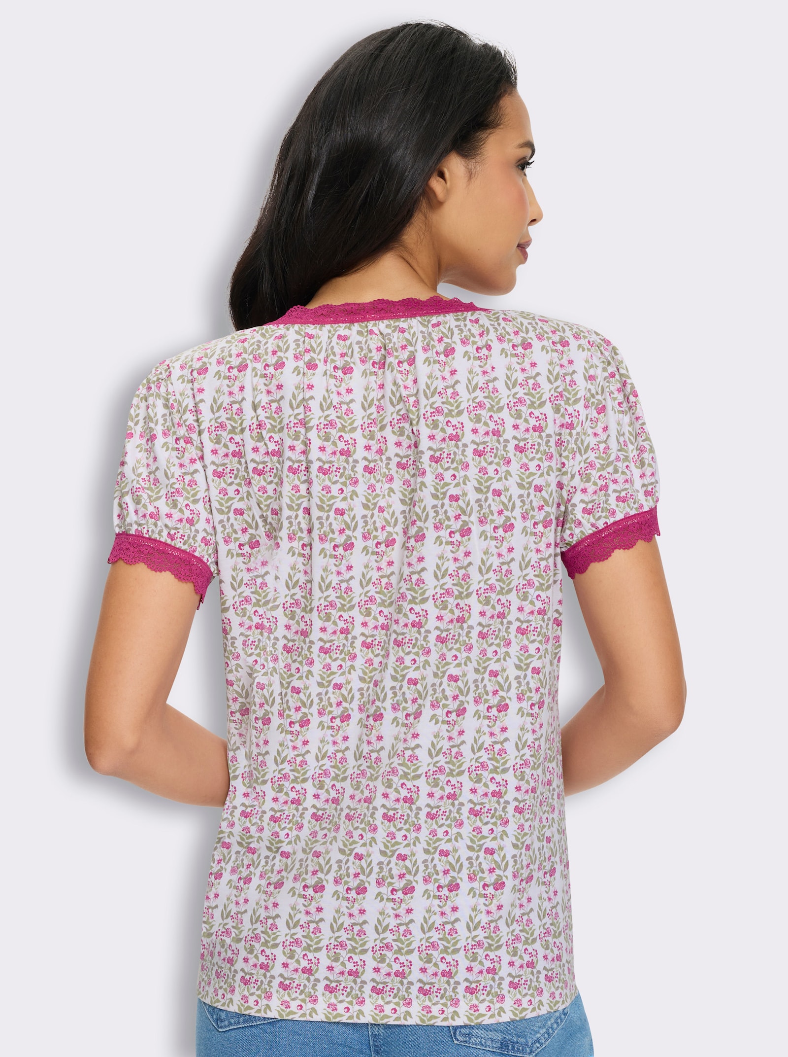 Trachtenshirt mit Spitzenborte - weiß-magenta-bedruckt
