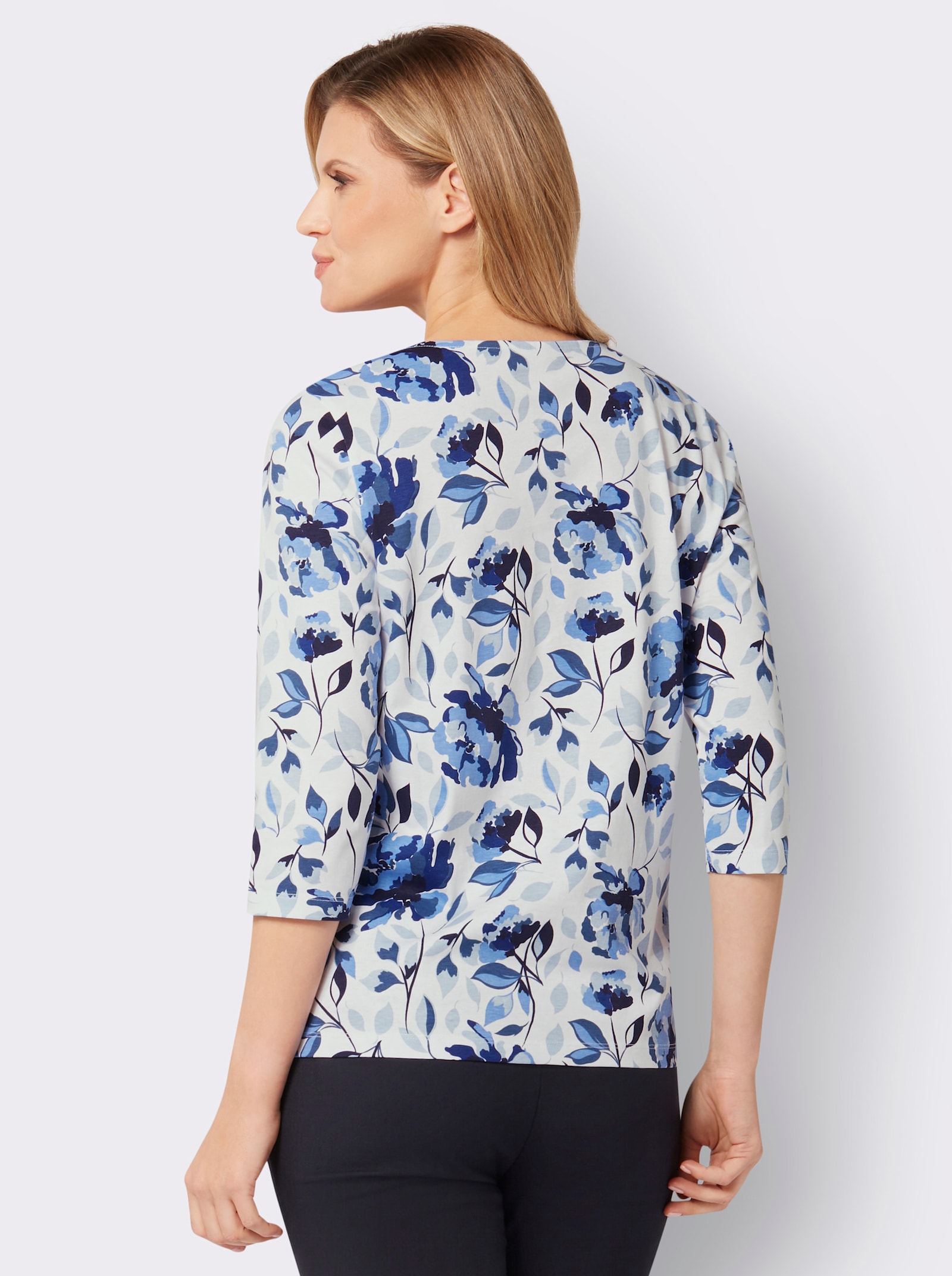 3/4-Arm-Shirt mit floralem Dessin - weiß-marine-bedruckt