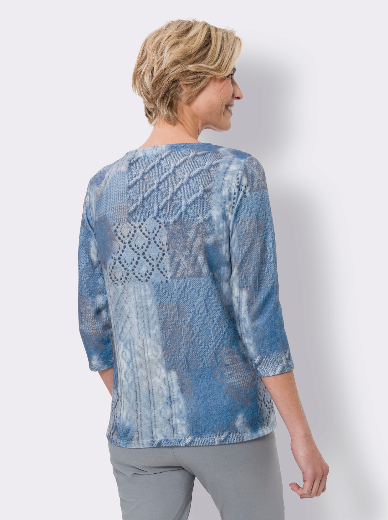 Feinstrickpullover - hellblau-grau-bedruckt