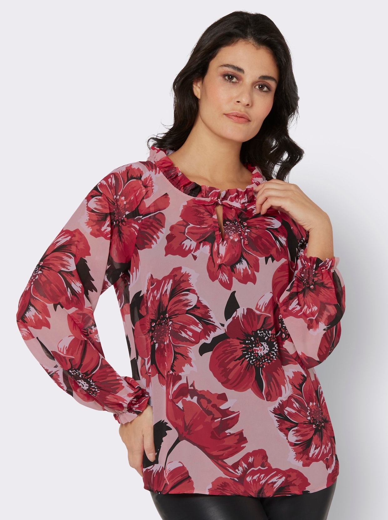 Georgetteblouse - poudre/rood bedrukt