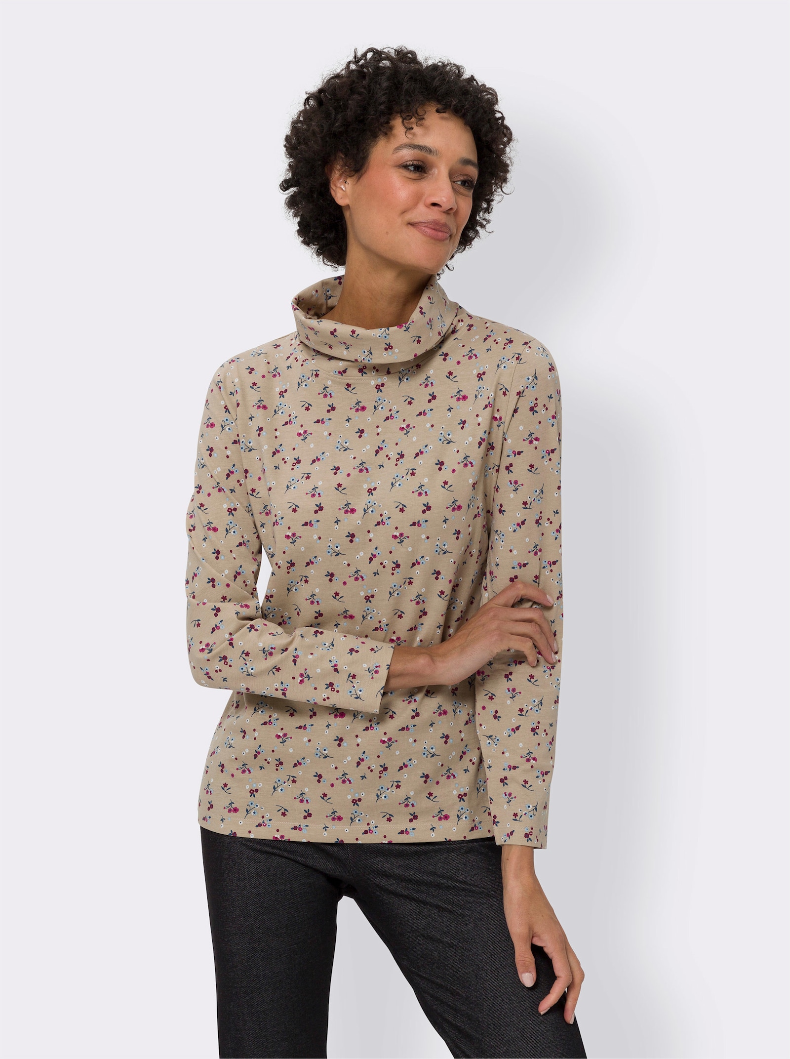 Tričko s rolákem a květinovým vzorem - béžová-ledová modrá-potisk