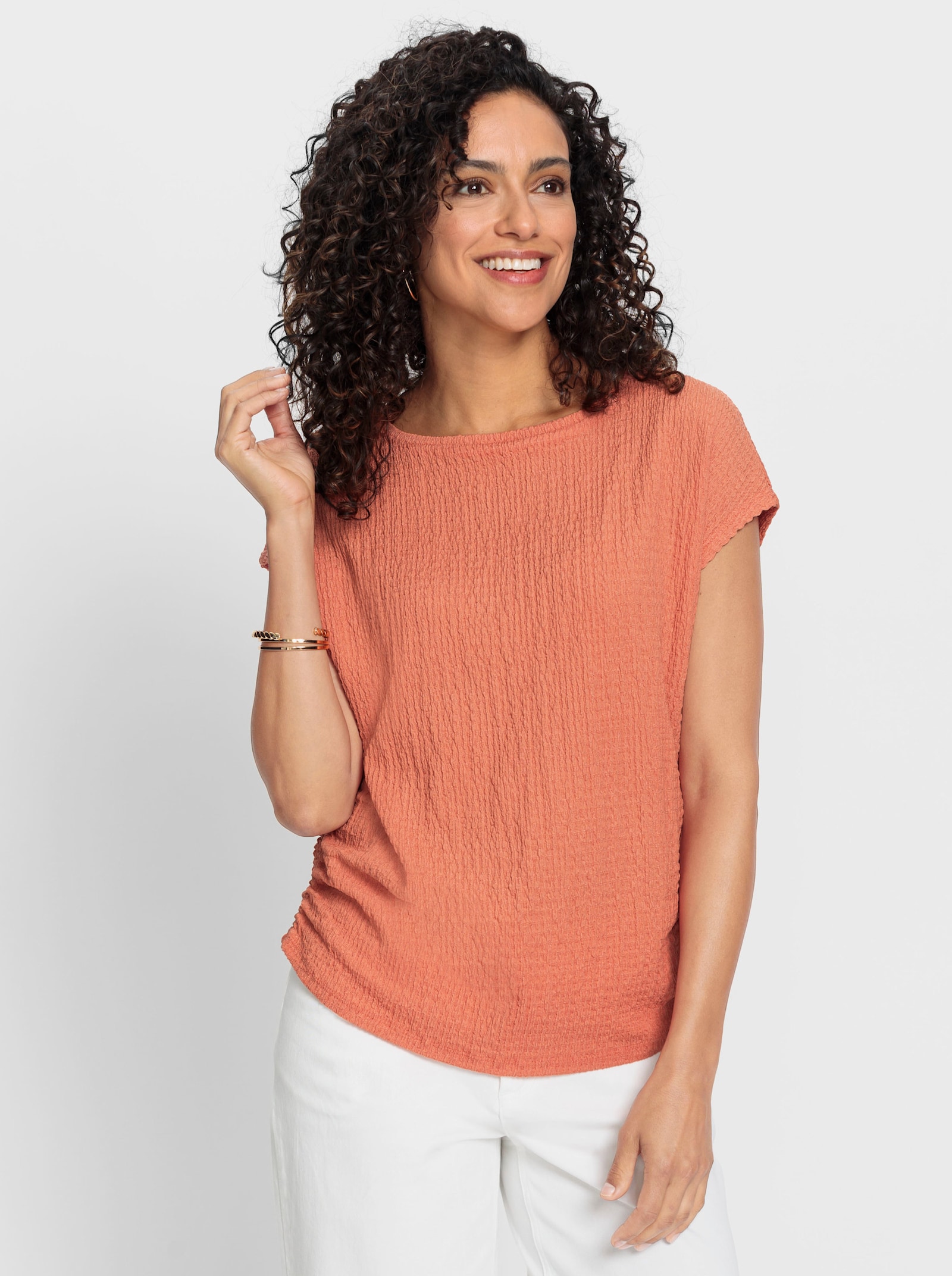 Rundhalsshirt mit seitlicher Raffung - papaya