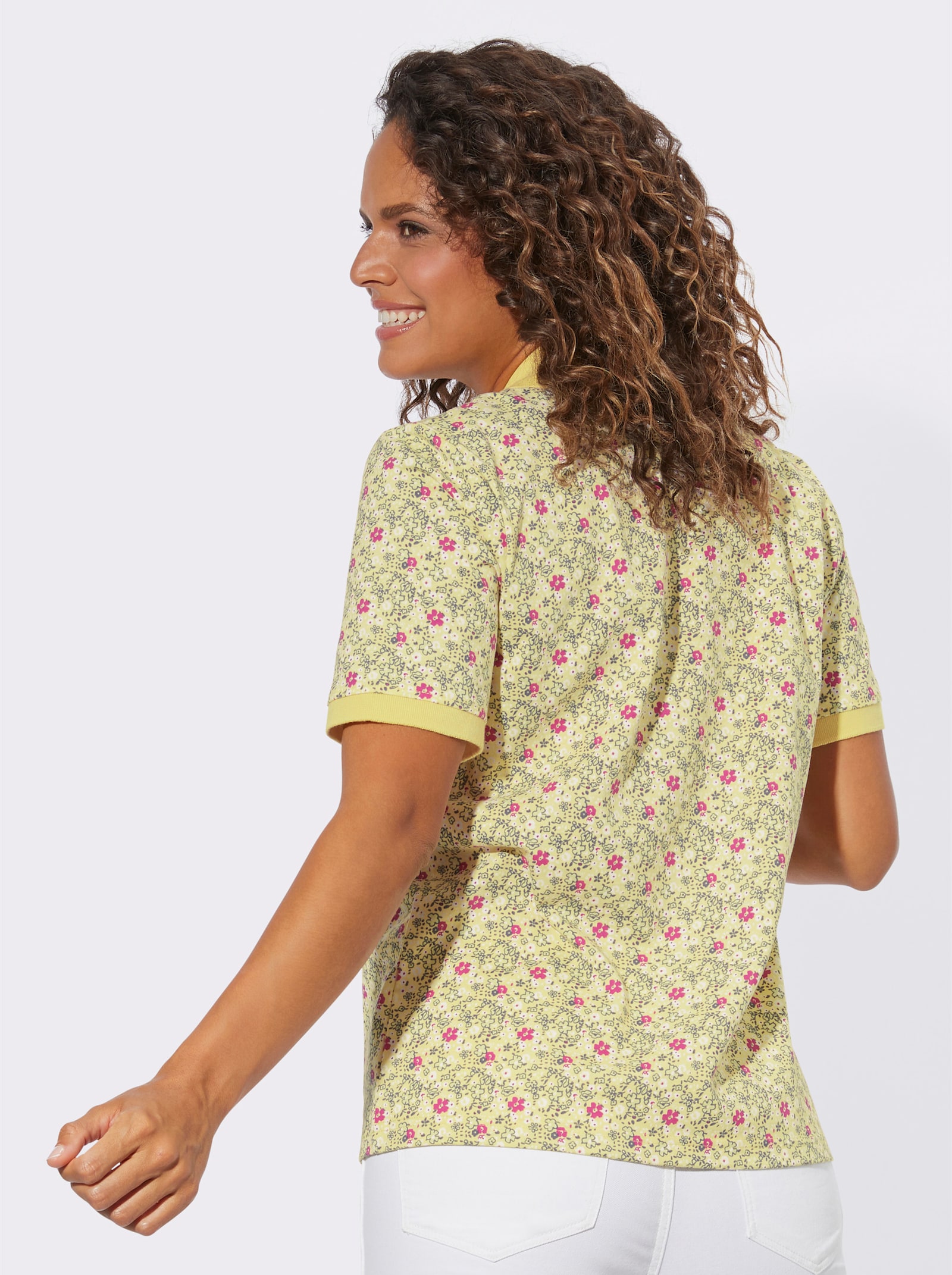 Poloshirt mit Knopfleiste - zitrone-fuchsia-bedruckt