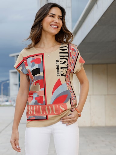 Kurzarmshirt mit großem Print vorne - sand-flamingo-bedruckt