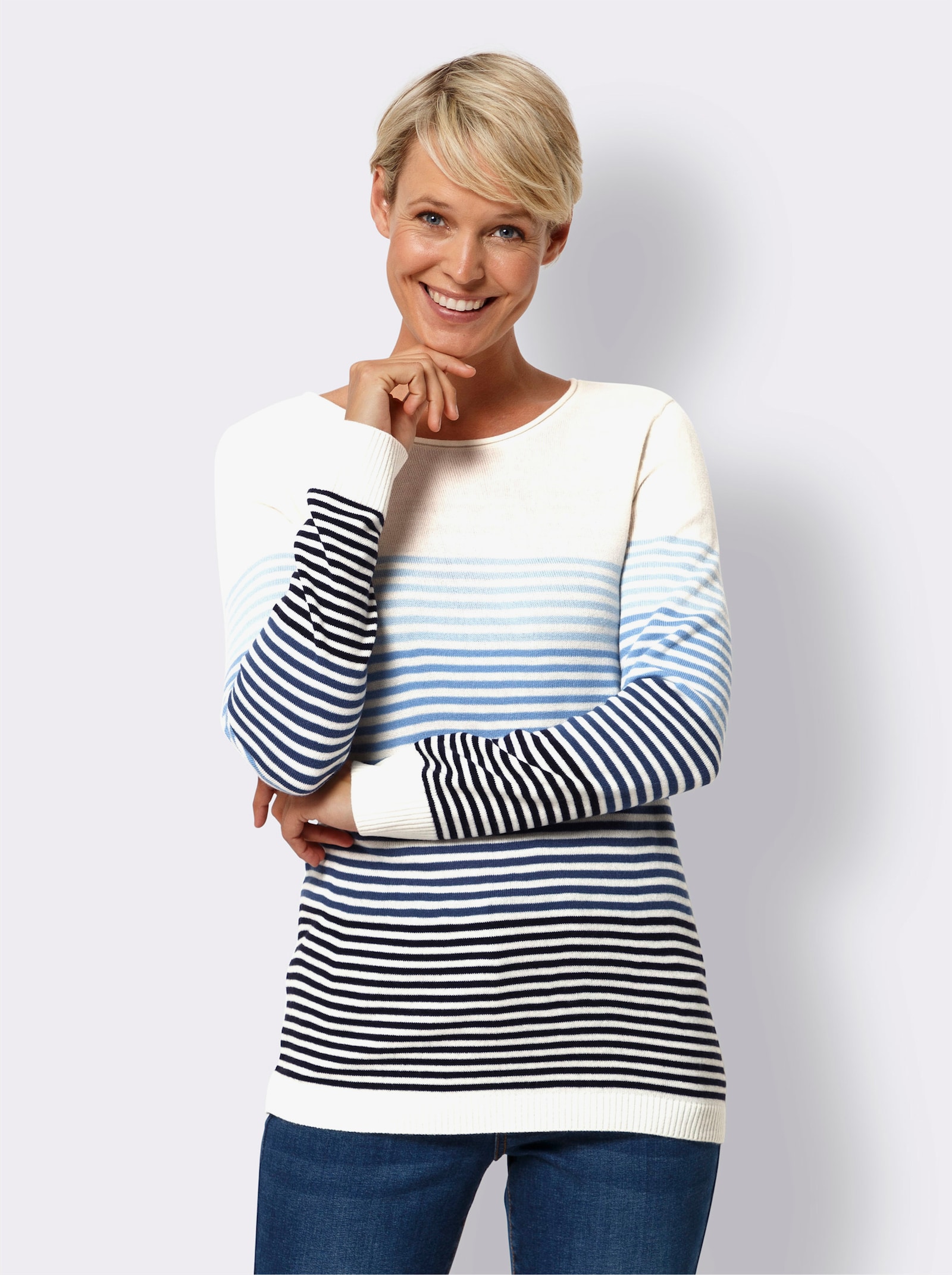 Proužkovaný svetr s rolovaným lemem na výstřihu - ecru-džínová modrá-proužek