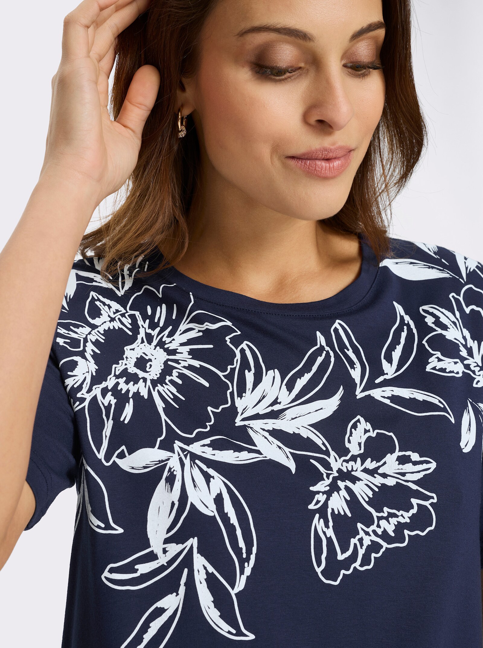 Kortärmad topp med blomtryck - marin-vit, tryckt