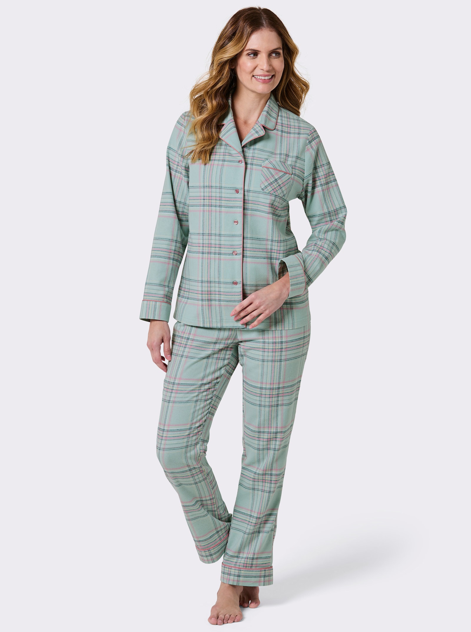 wäschepur Pyjama in Finette-Qualität - kalkmint-altrosa-kariert