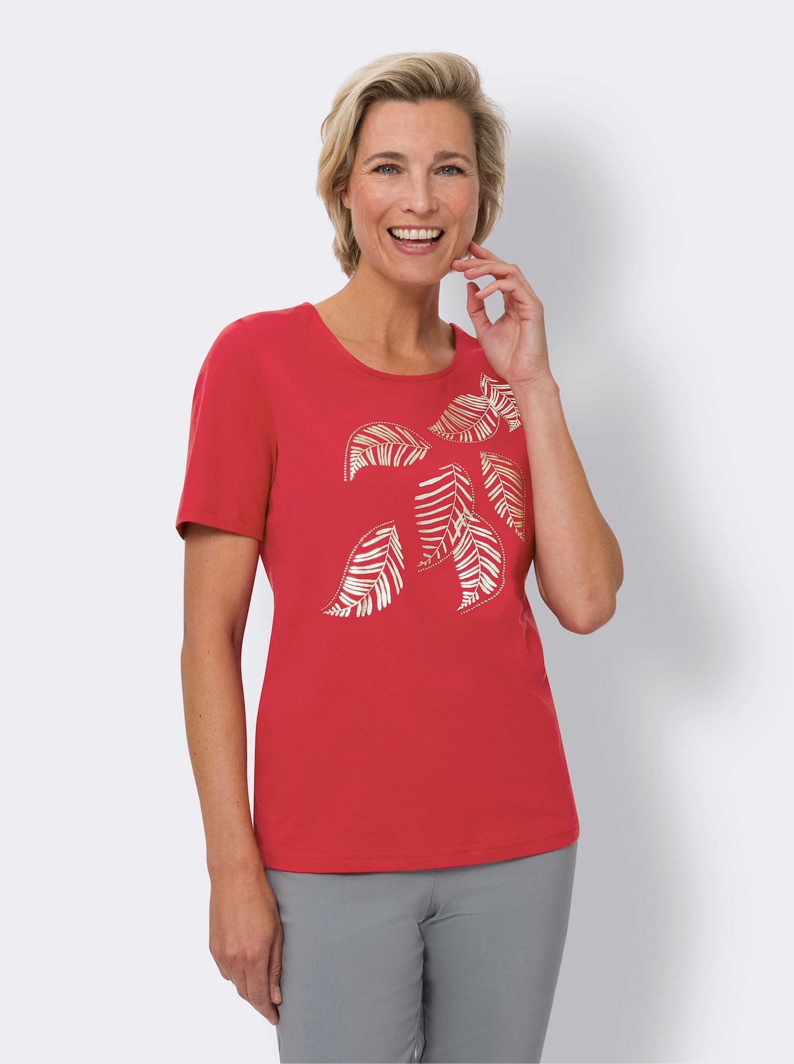 Kurzarmshirt im Blätter-Dessin - rot