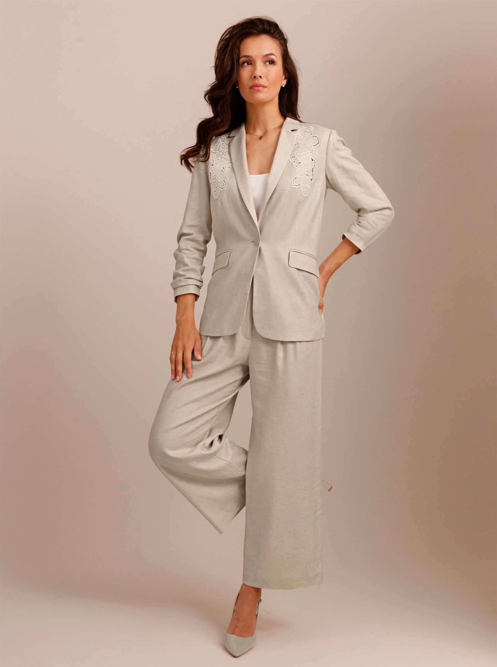 CREATION L PREMIUM Leinenblazer mit Stickerei - sand-meliert