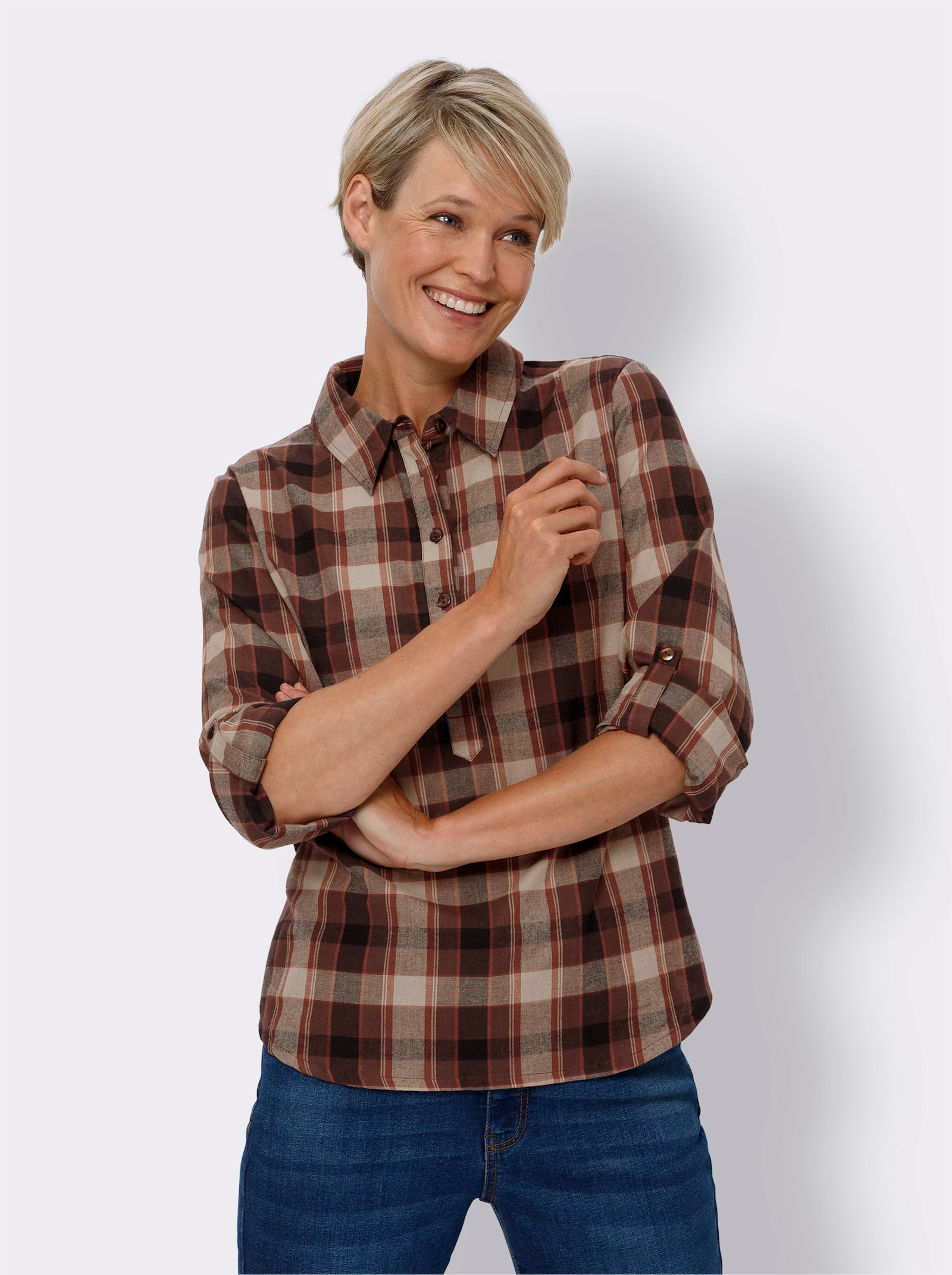 Navlékací halenka z flanelu, kostkovaná - velbloudí-černá-kostka