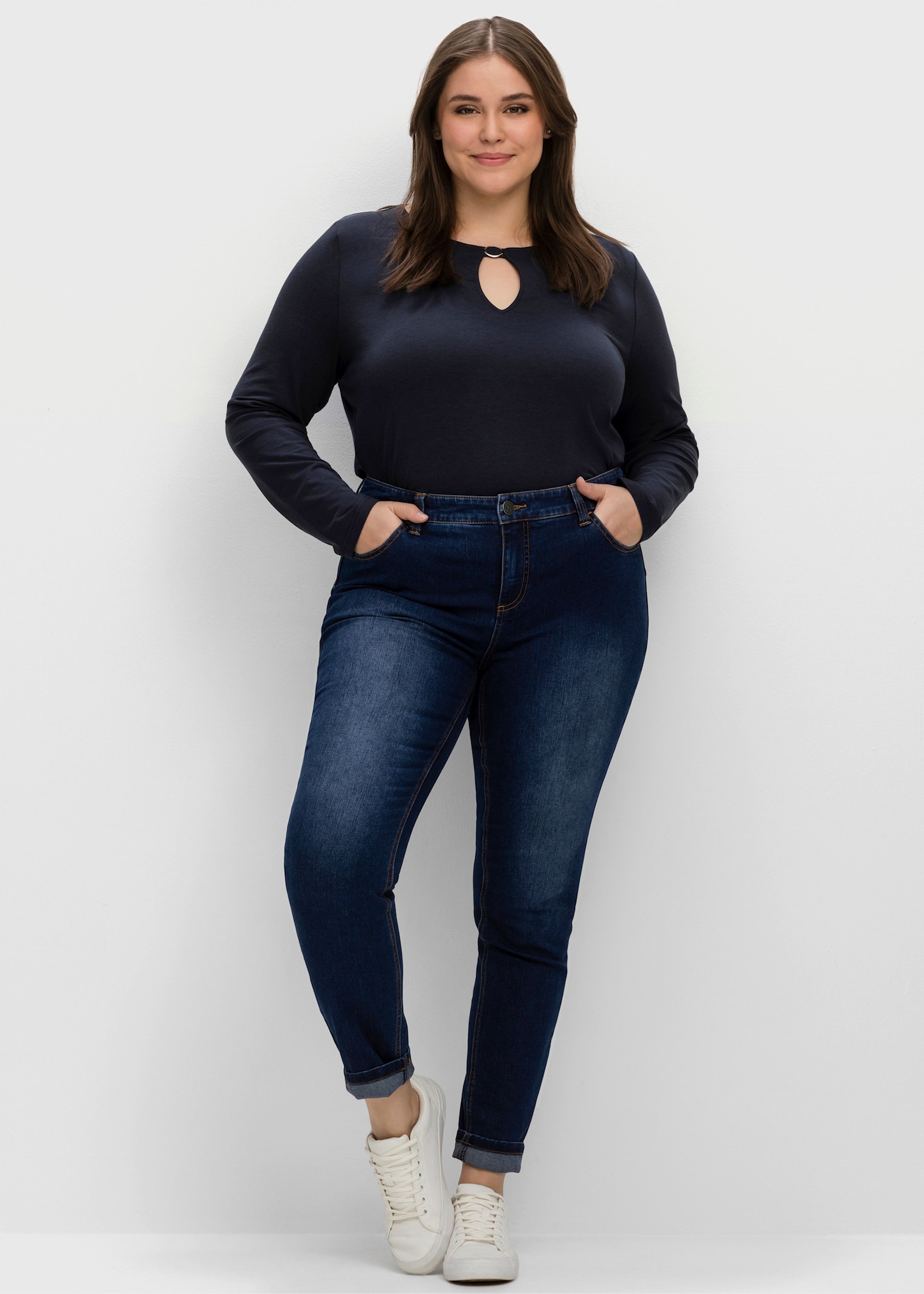 sheego Skinny Jeans mit bequemer Taille - dark blue denim