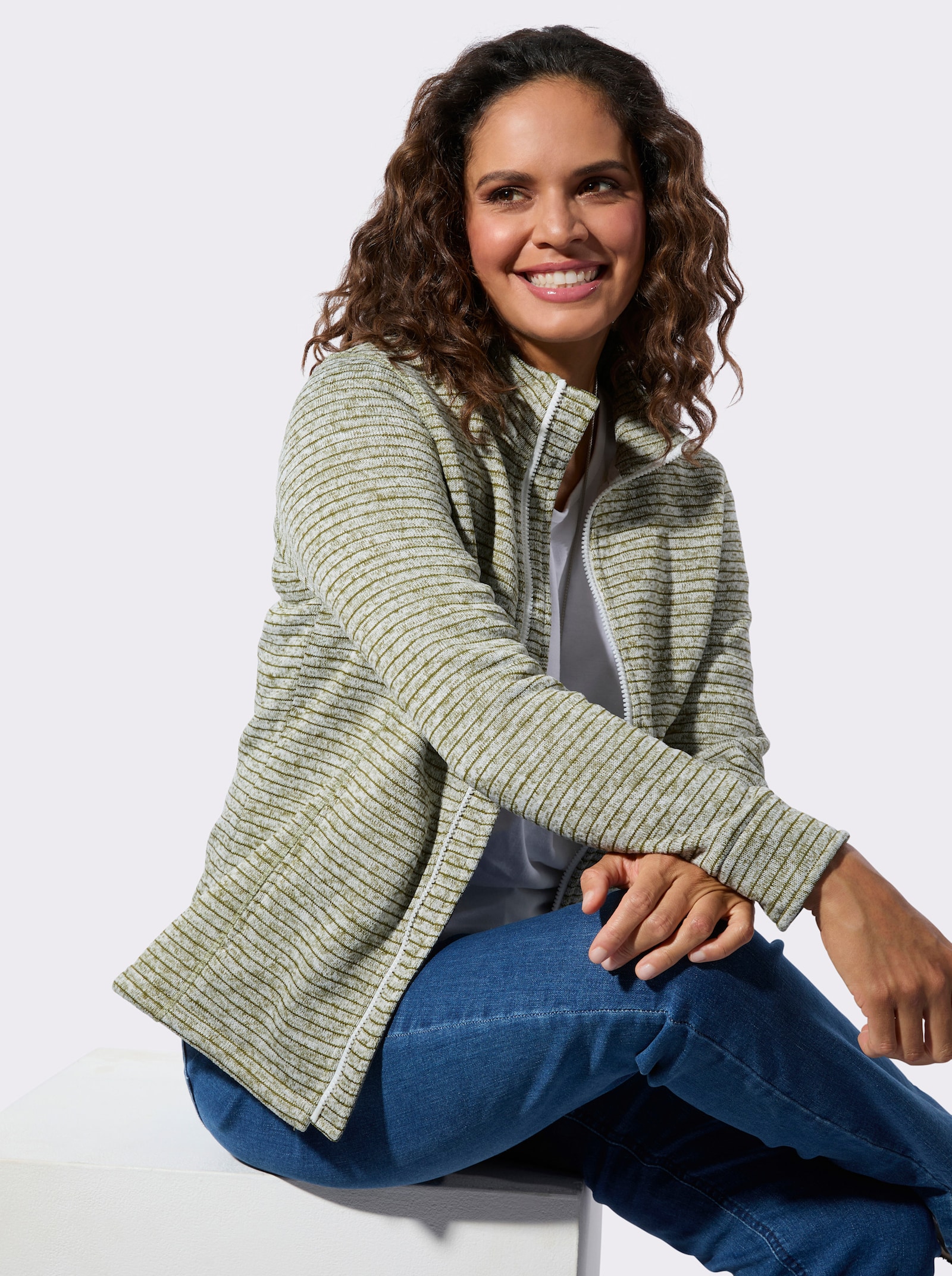 Strickfleecejacke mit Nahttaschen - schilf-meliert