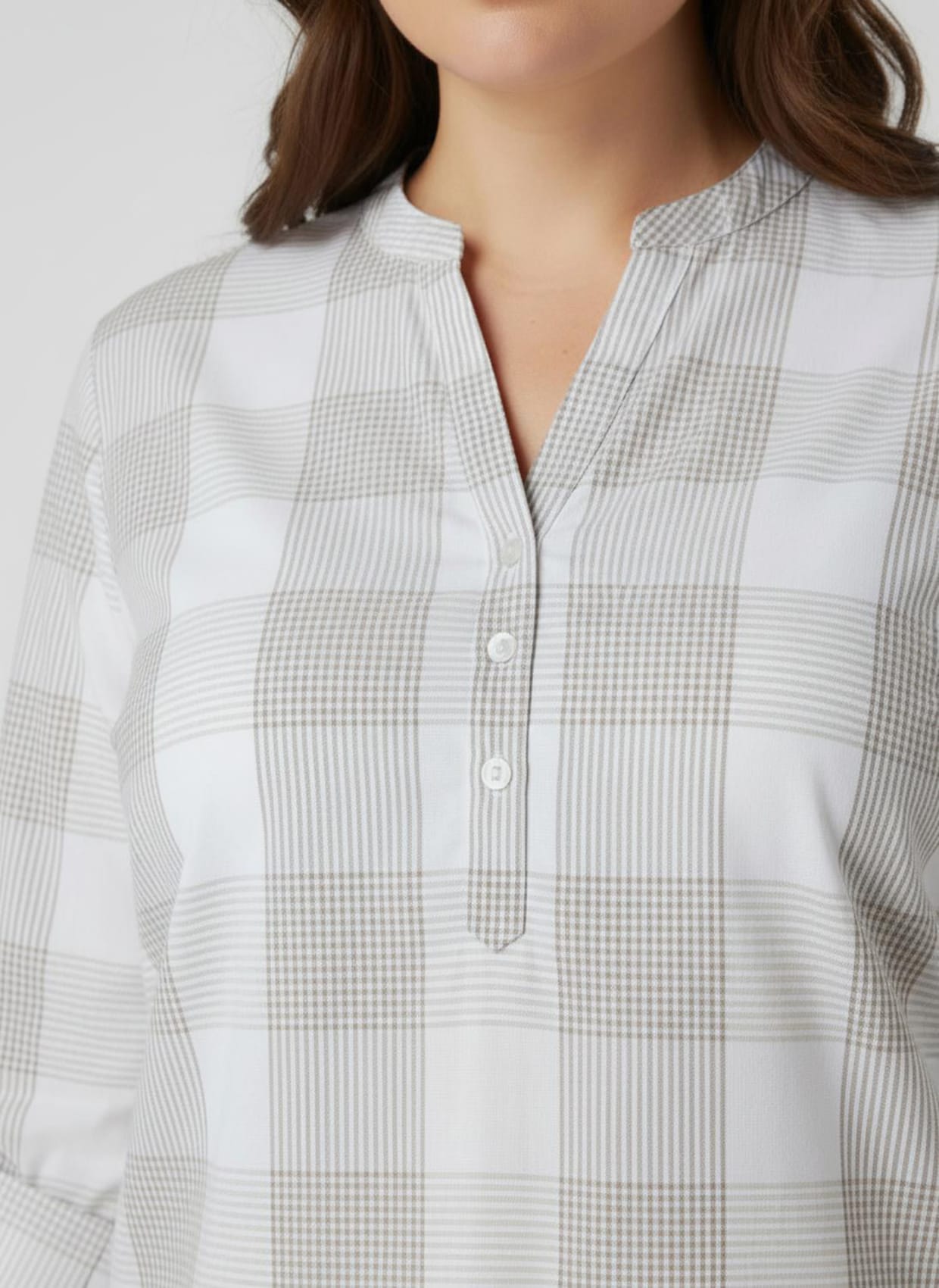 Baumwollbluse mit Stehkragen, kariert - taupe-weiß-kariert
