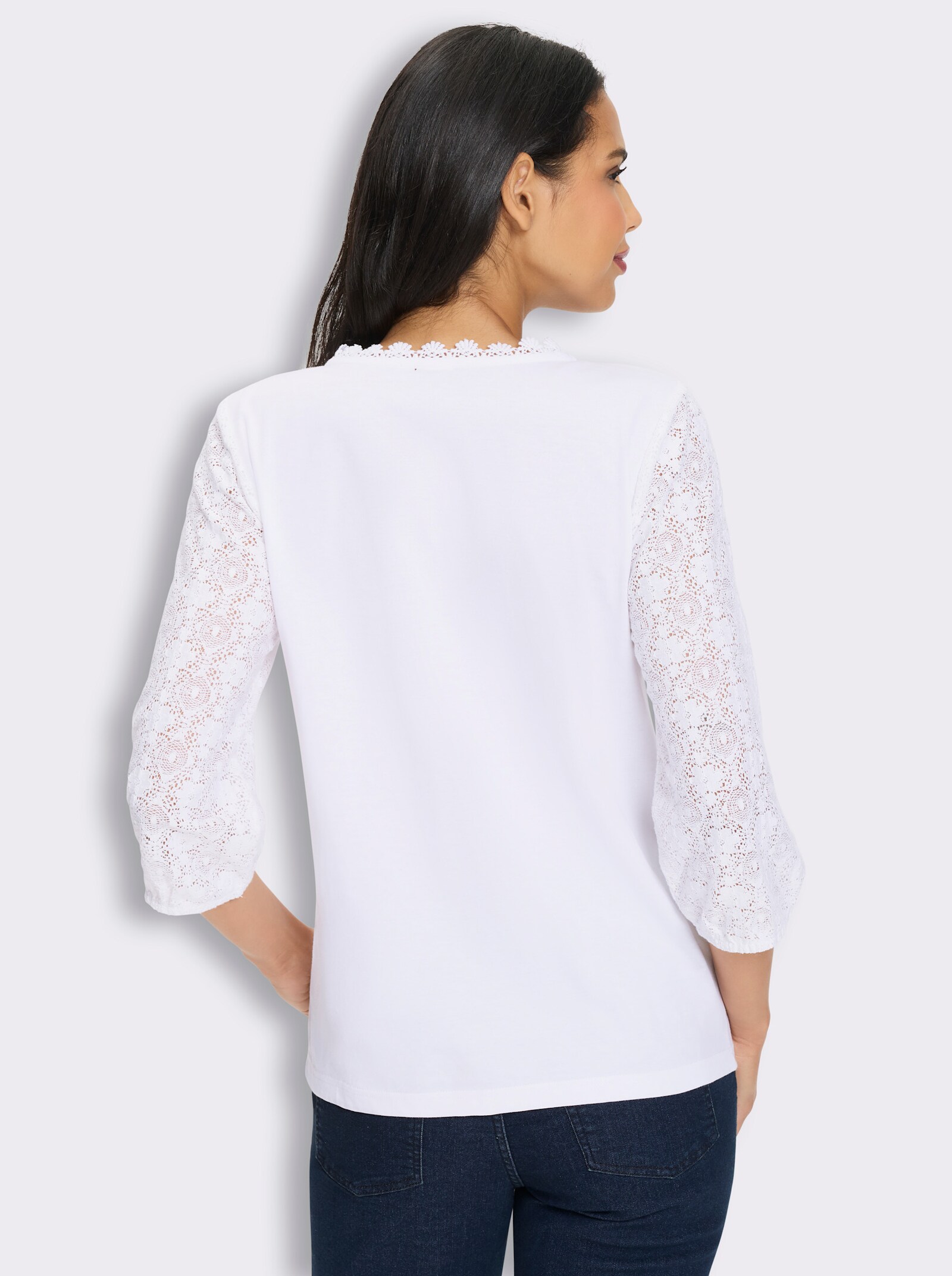 3/4-Arm-Shirt mit Spitzen-Ärmeln - weiß