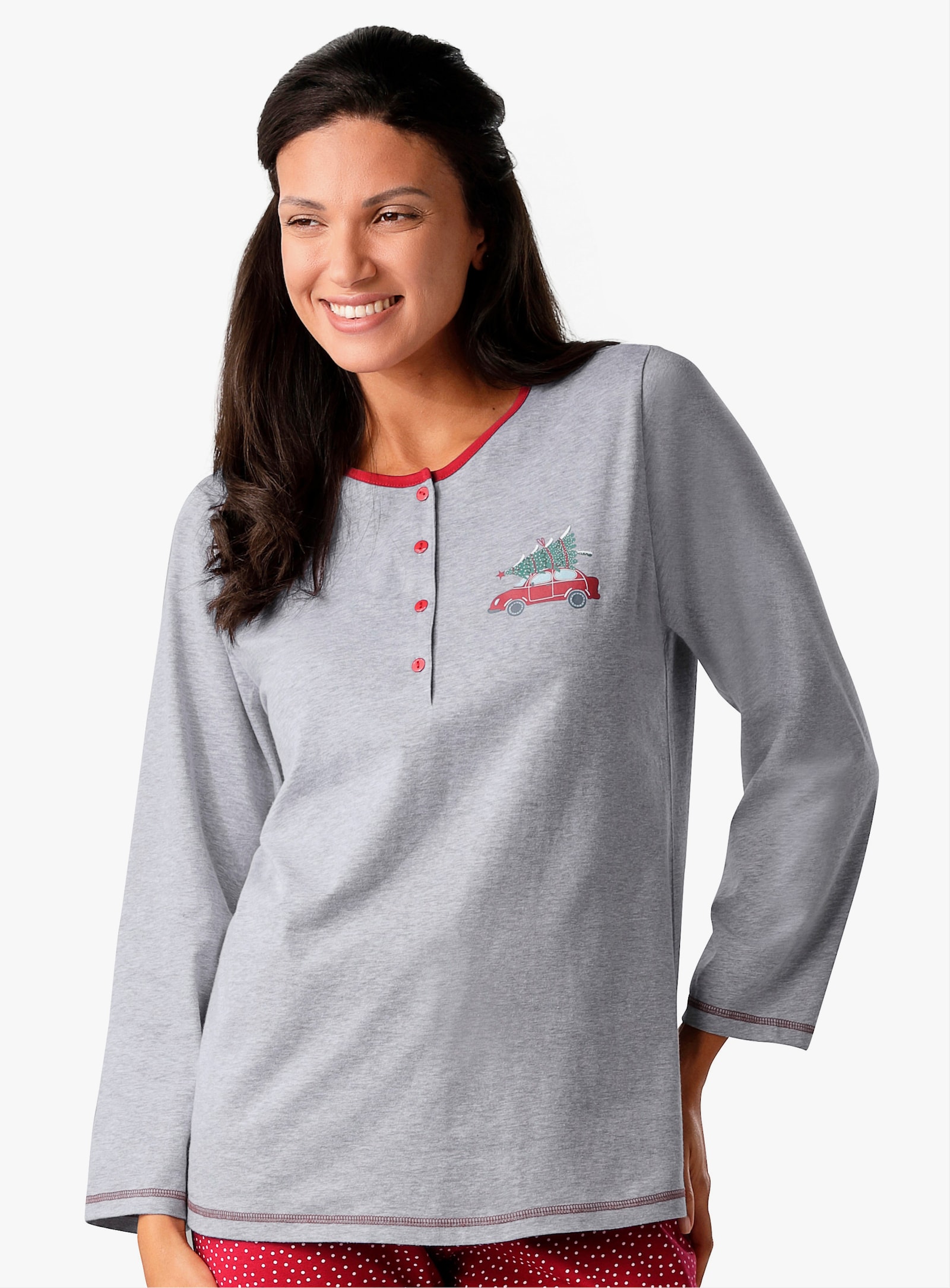 Comtessa Schlafanzug mit platziertem Druck - grau-meliert-rot