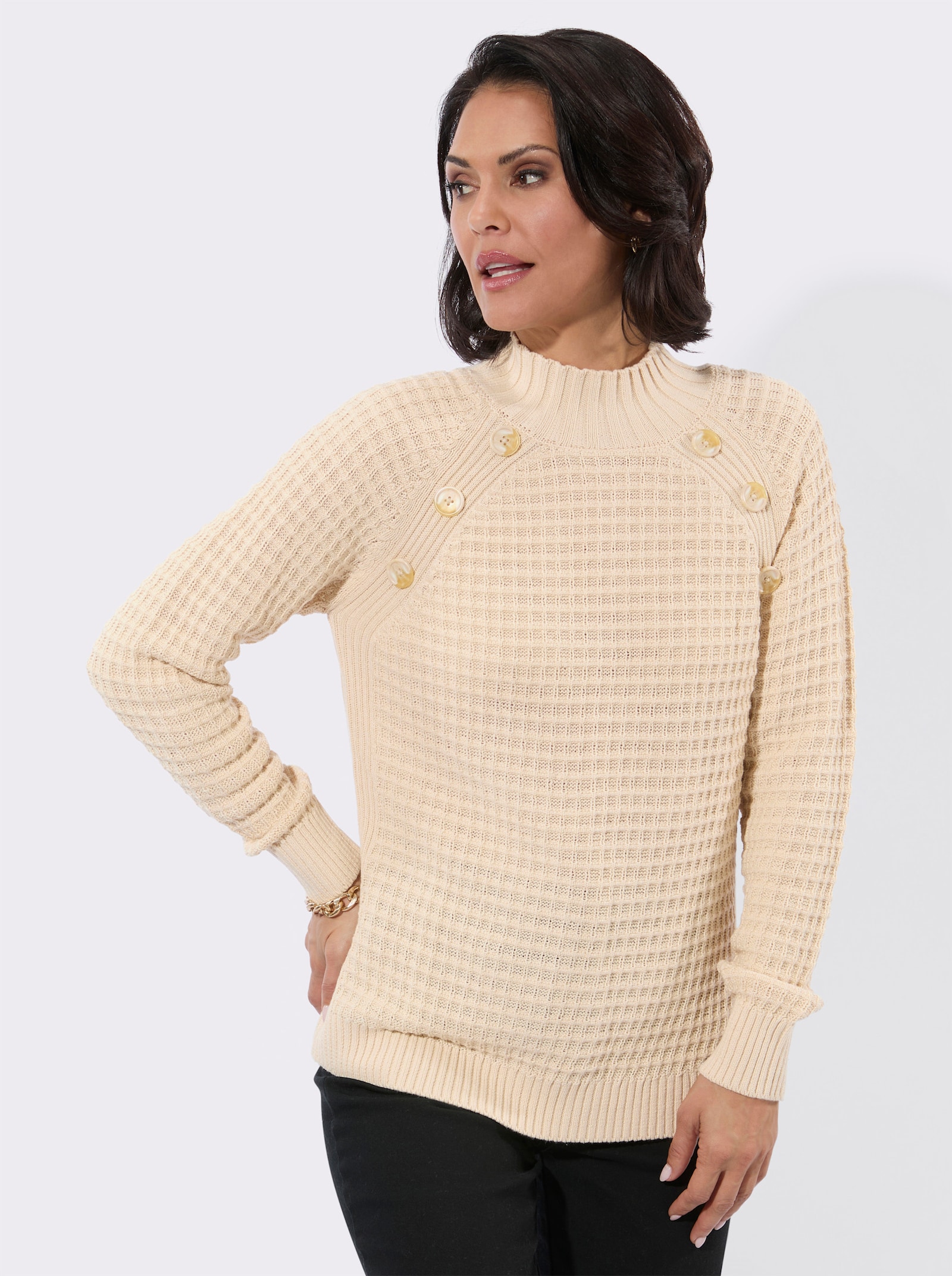 Stehkragenpullover mit Zierknöpfen - elfenbein