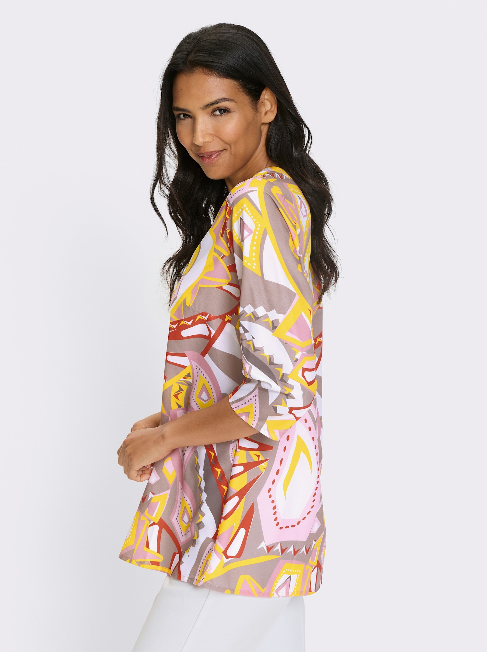 Longbluse mit gestreiftem Ripsband - sonnengelb-ecru-bedruckt