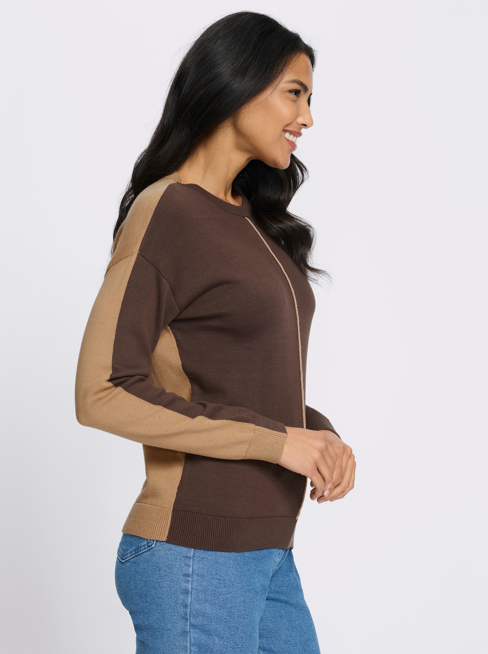 Rundhalspullover mit Kontrasten - schoko-camel