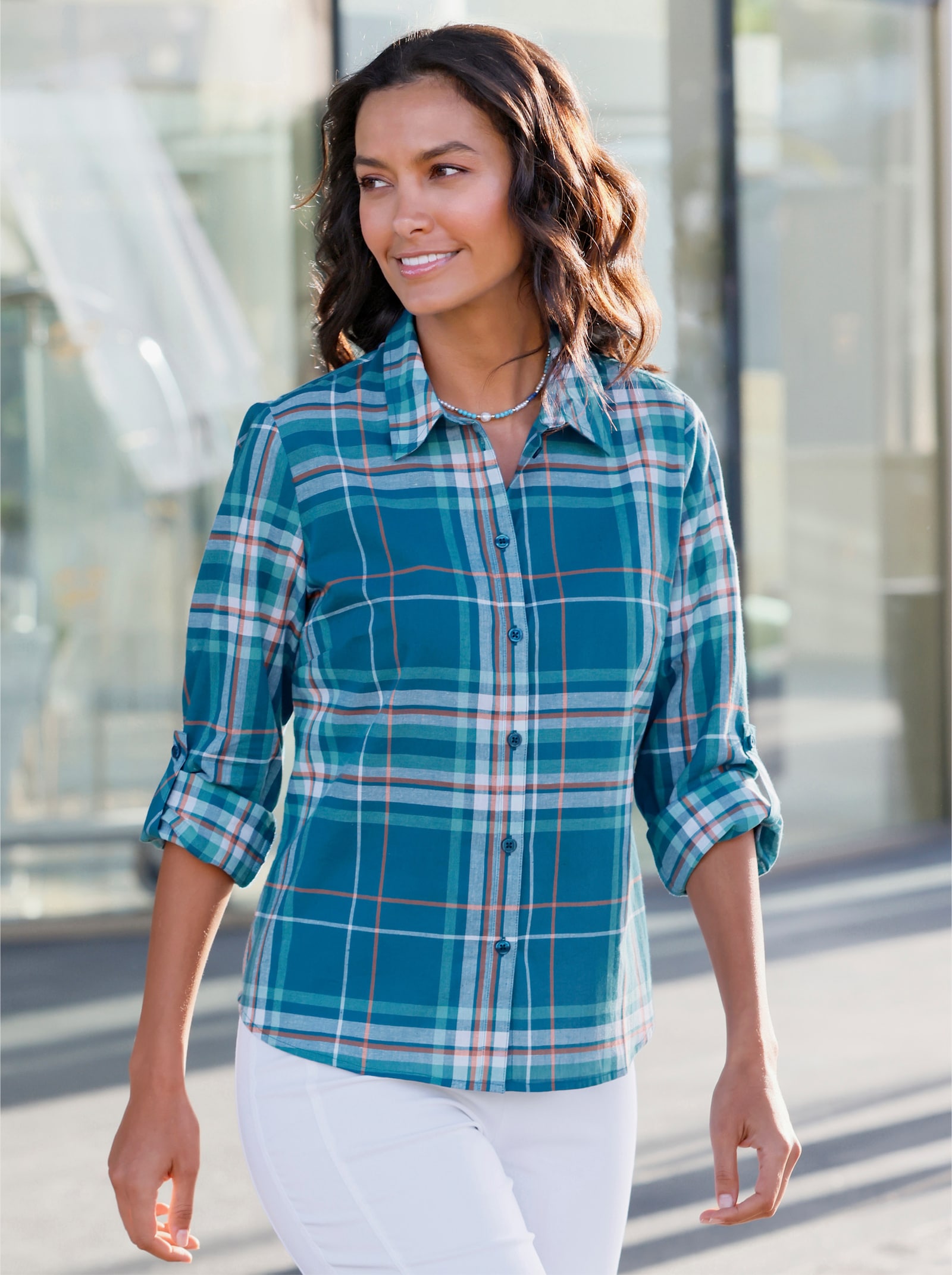 Karobluse mit krempelbaren Ärmeln - topas-ecru-kariert