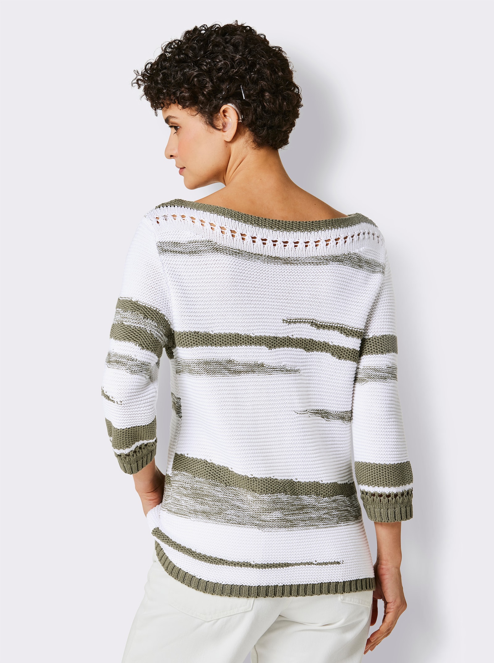  3/4 Arm-Pullover mit Lochmuster - weiß-khaki-gemustert