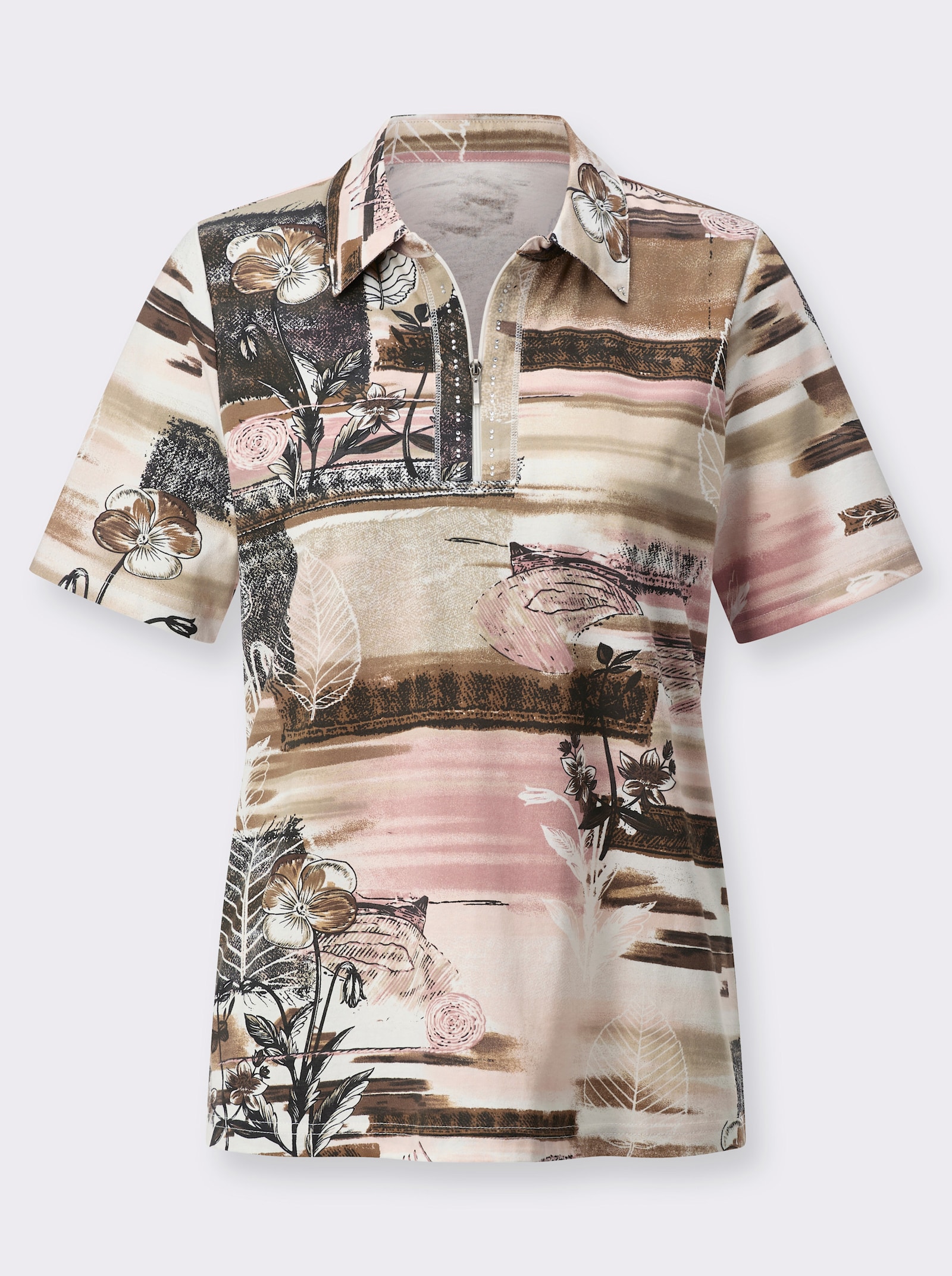 Poloshirt mit Glitzersteinchen - rosenholz-ecru-bedruckt