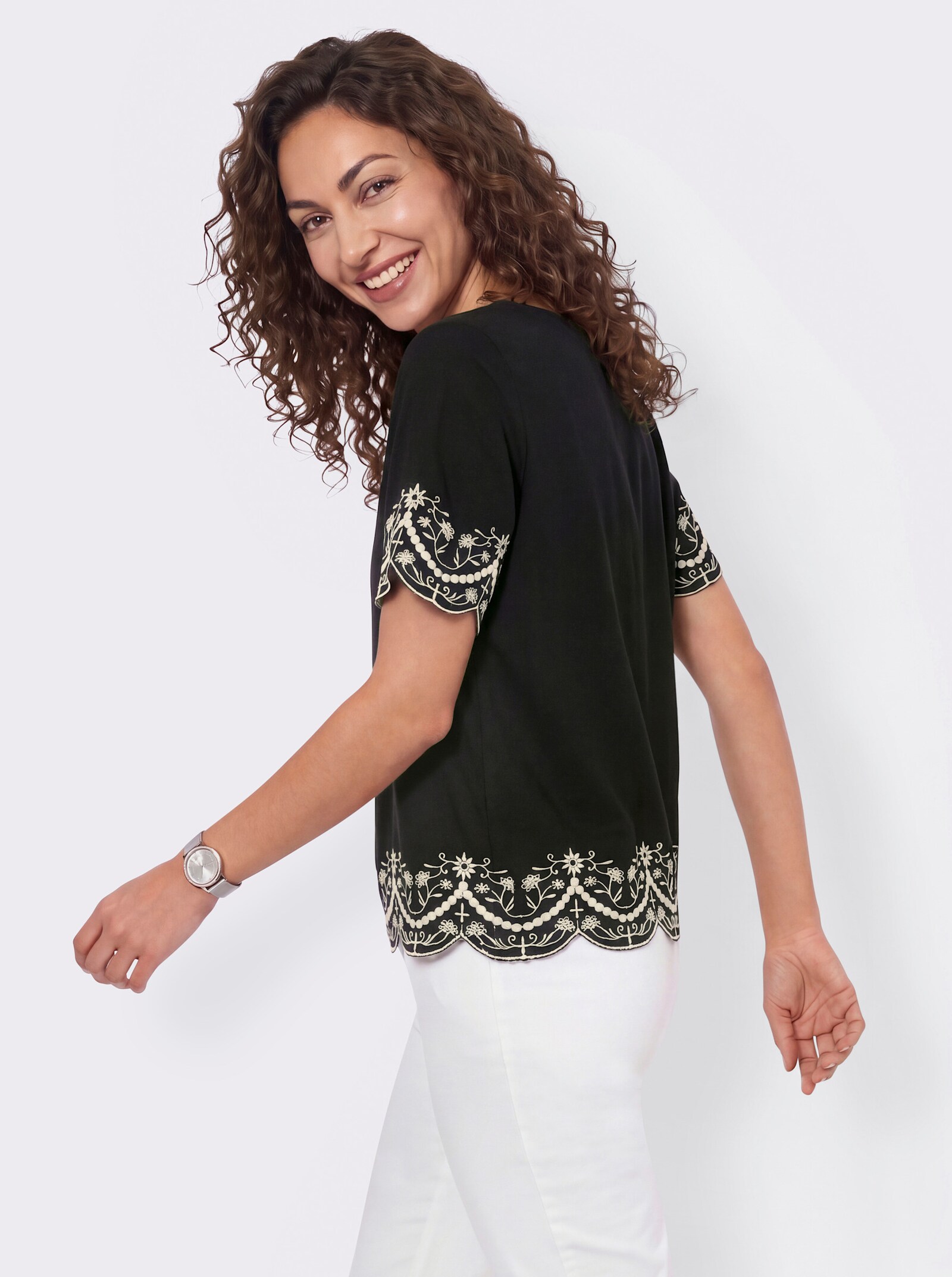 Kurzarm-Bluse mit floraler Stickerei - schwarz-champagner-gemustert
