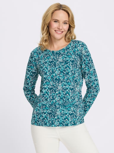 Langarmshirt mit Millefleur-Druck - petrol-ecru-bedruckt