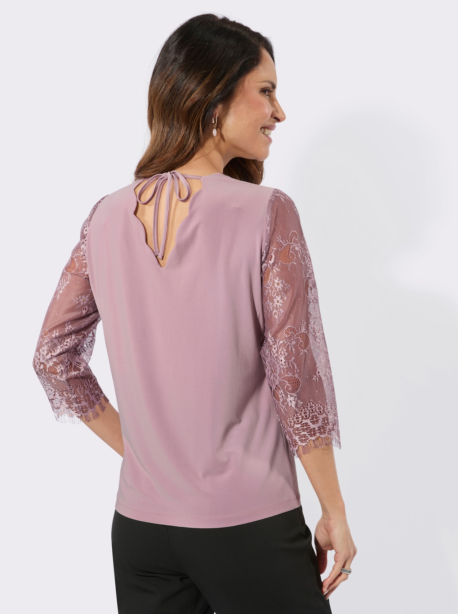 3/4-Arm-Shirt mit gebogtem V-Ausschnitt - mauve