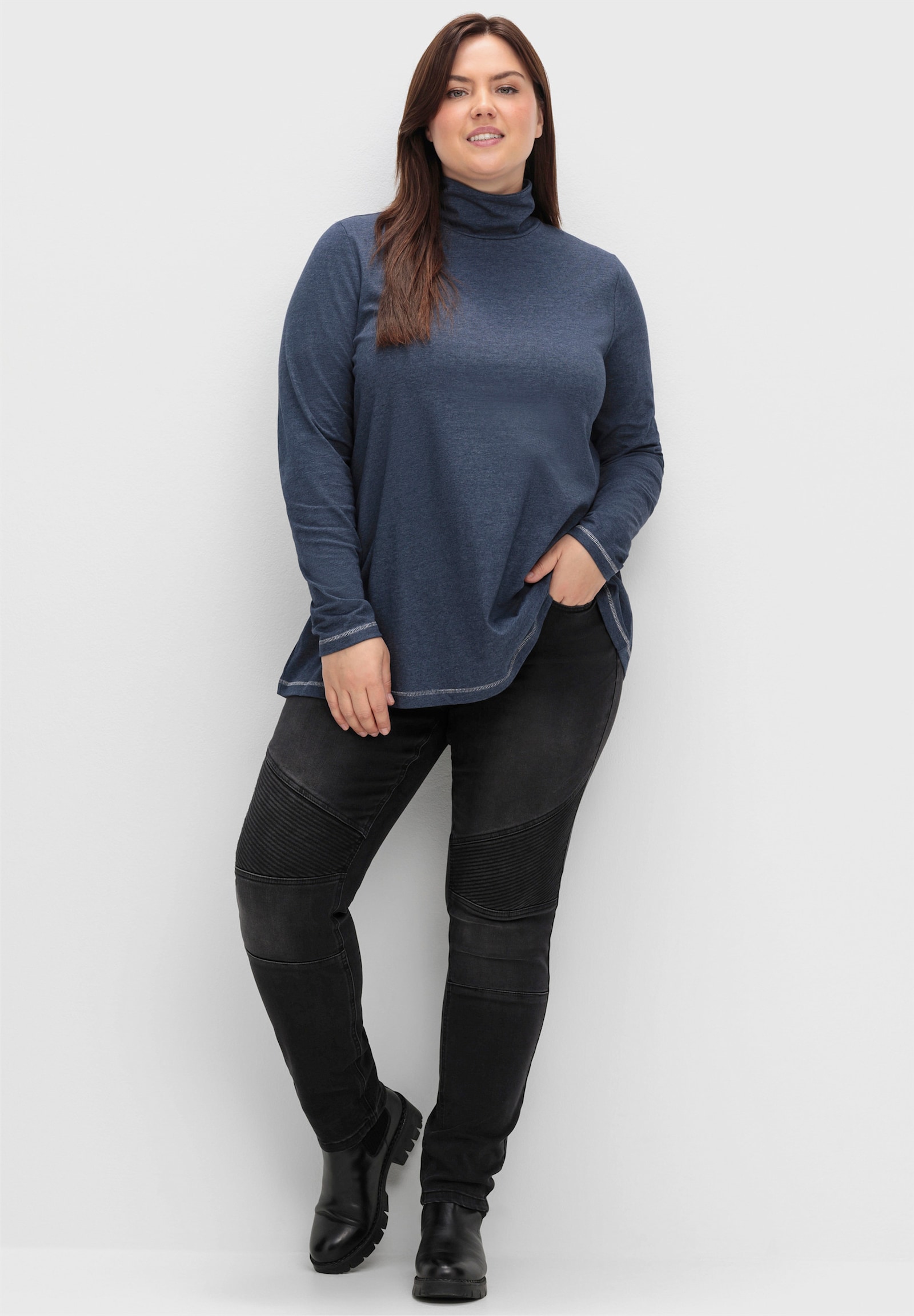 sheego Langarmshirt in femininer A-Linie - saphir-meliert