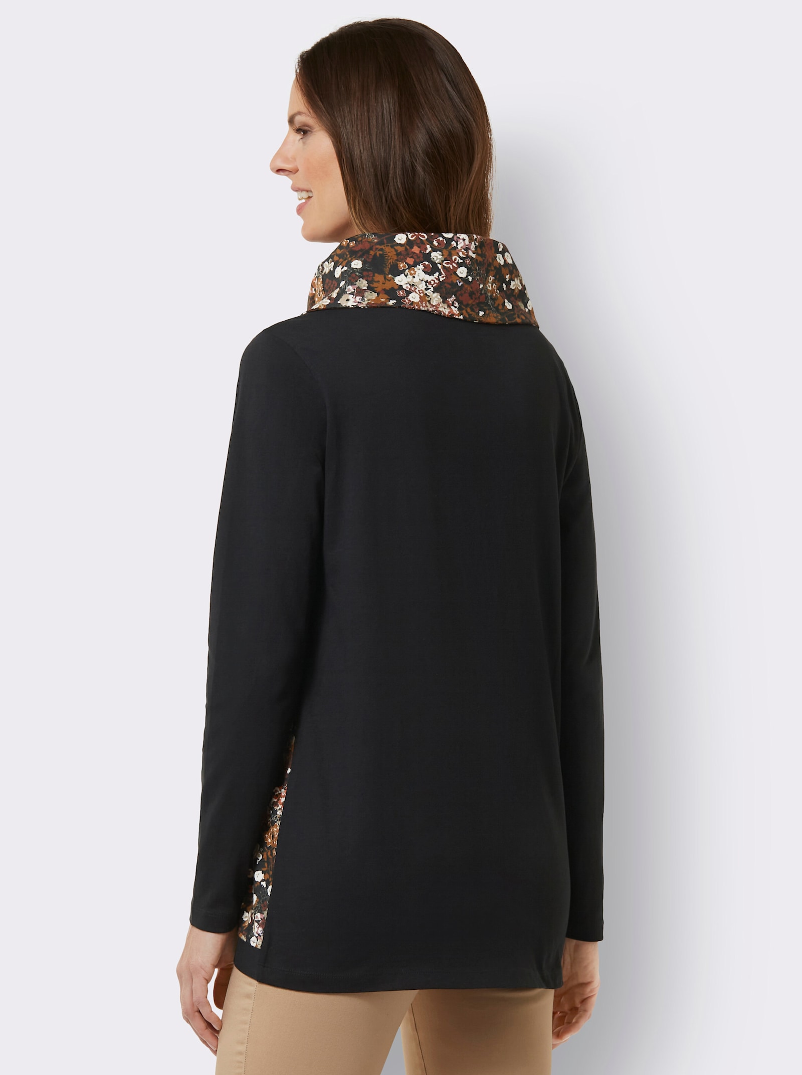 Longshirt in überlappender Optik - schwarz-bedruckt