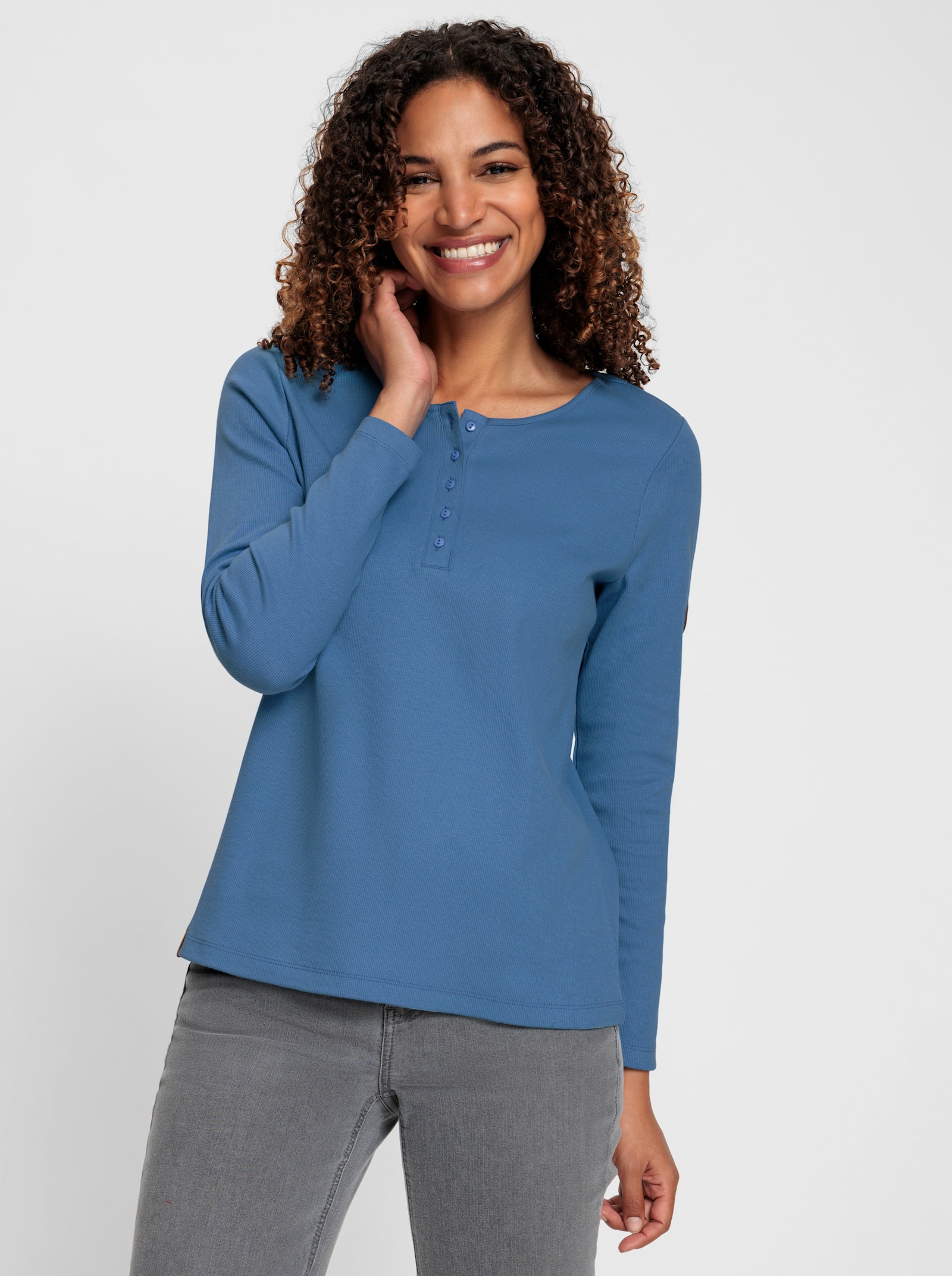 Rundhalsshirt in gerippter Baumwoll-Qualität - mittelblau