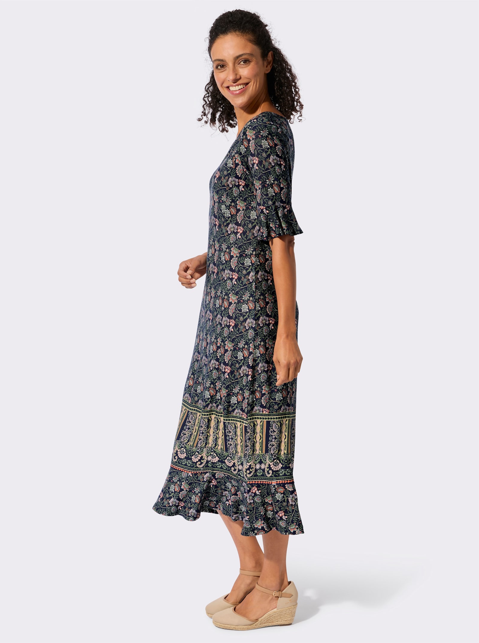 Jerseykleid mit Volants - marine-eucalyptus-bedruckt